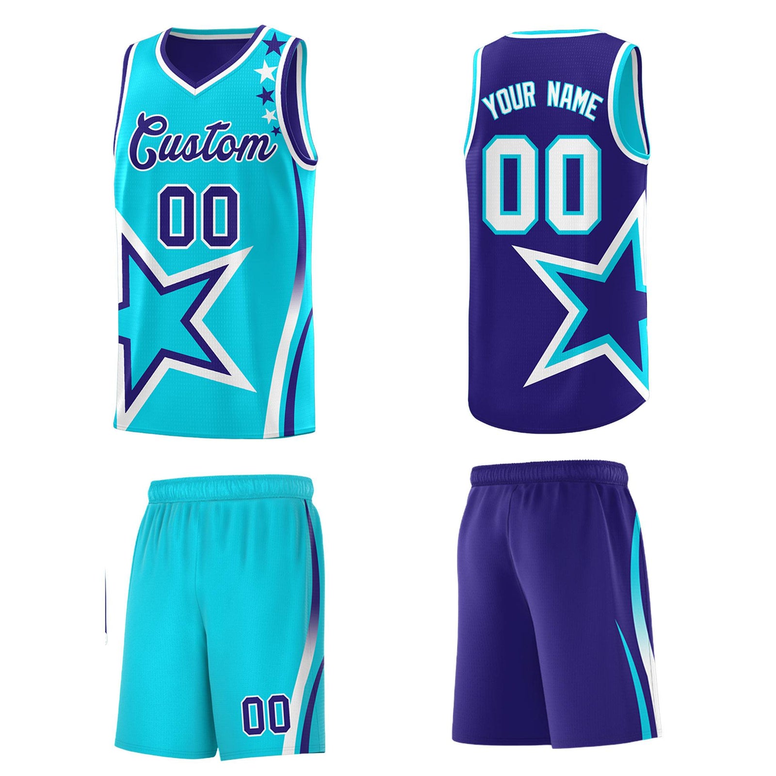 Custom Royal Light Blue Reversible Color Block Start Pattern Sports Uniform Basketball Jersey Kits
