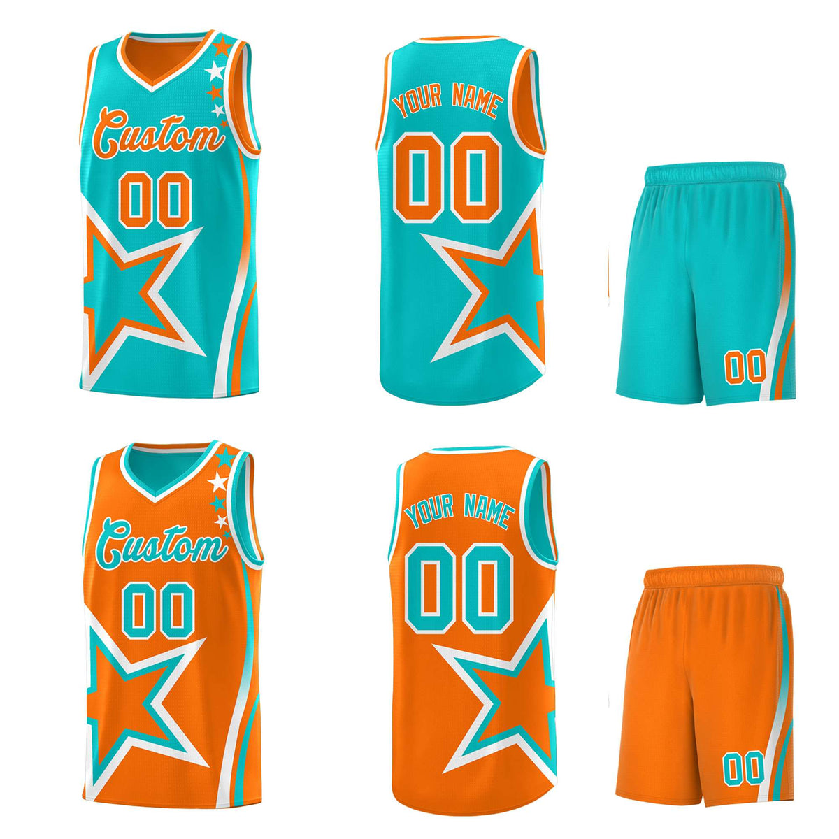 Custom Orange Bright Green Reversible Color Block Start Pattern Sports Uniform Basketball Jersey Kits