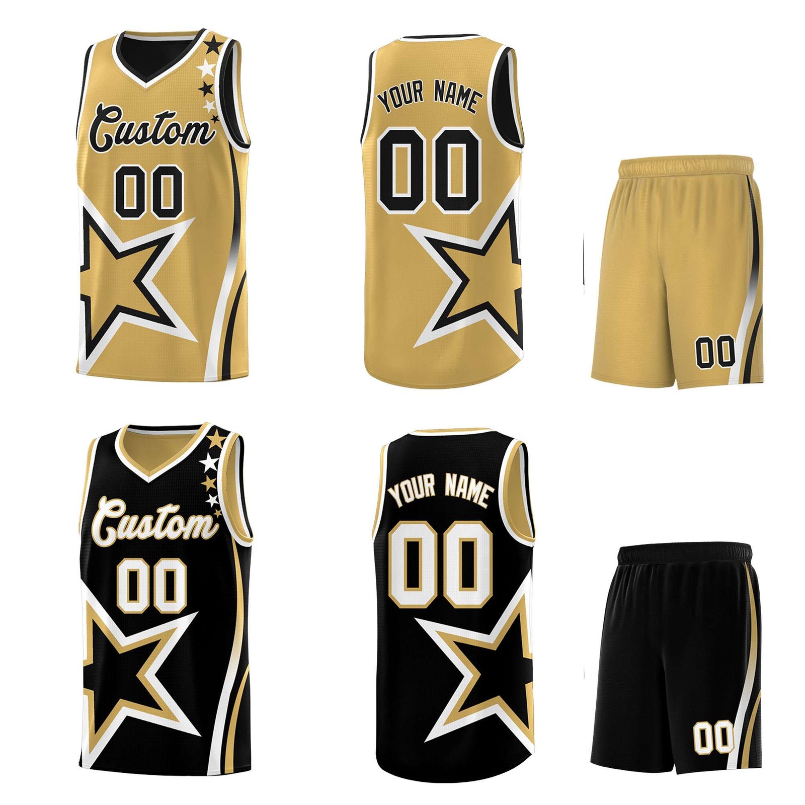 Custom Black Old Gold Reversible Color Block Start Pattern Sports Uniform Basketball Jersey Kits