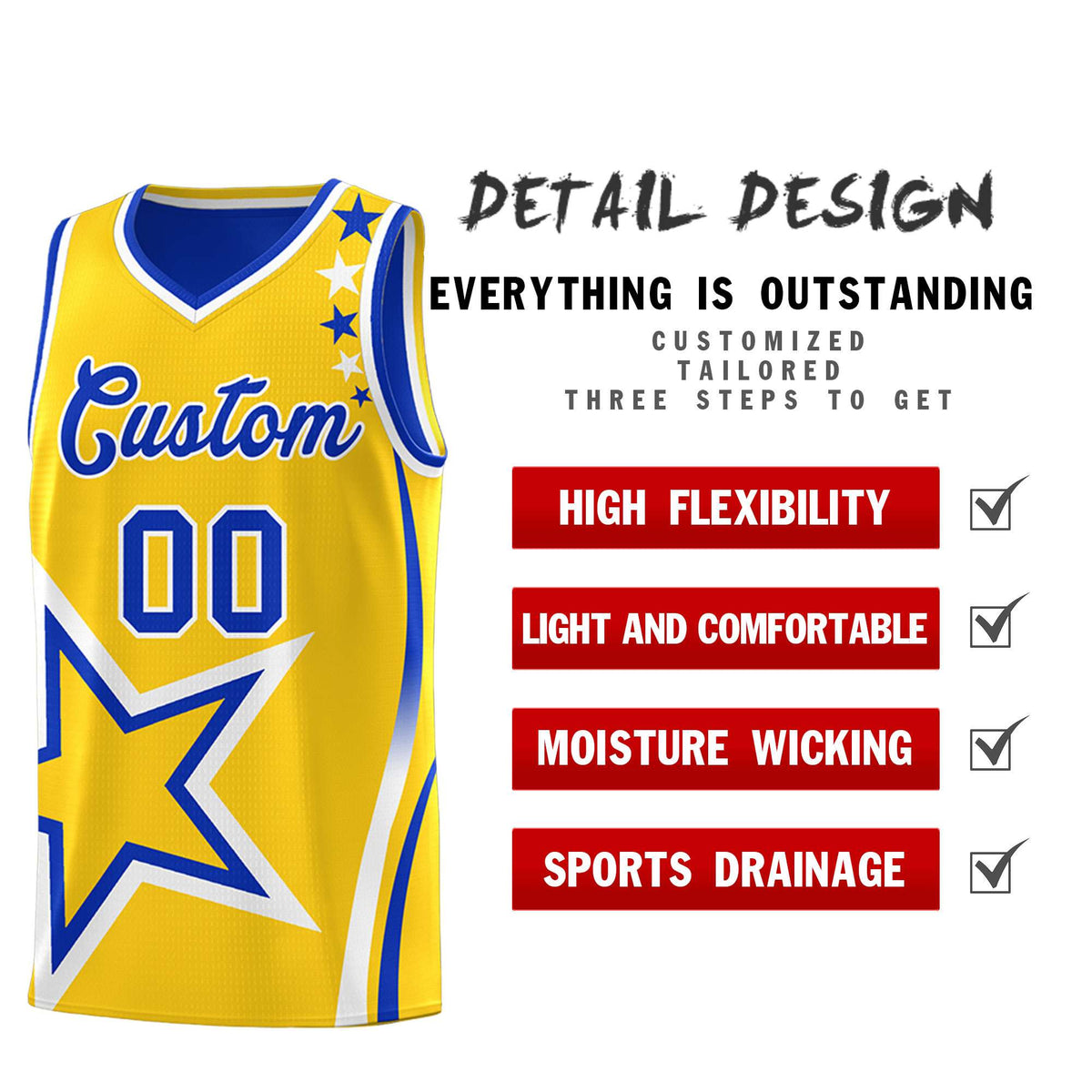 Custom Royal Gold Reversible Color Block Start Pattern Sports Uniform Basketball Jersey Kits