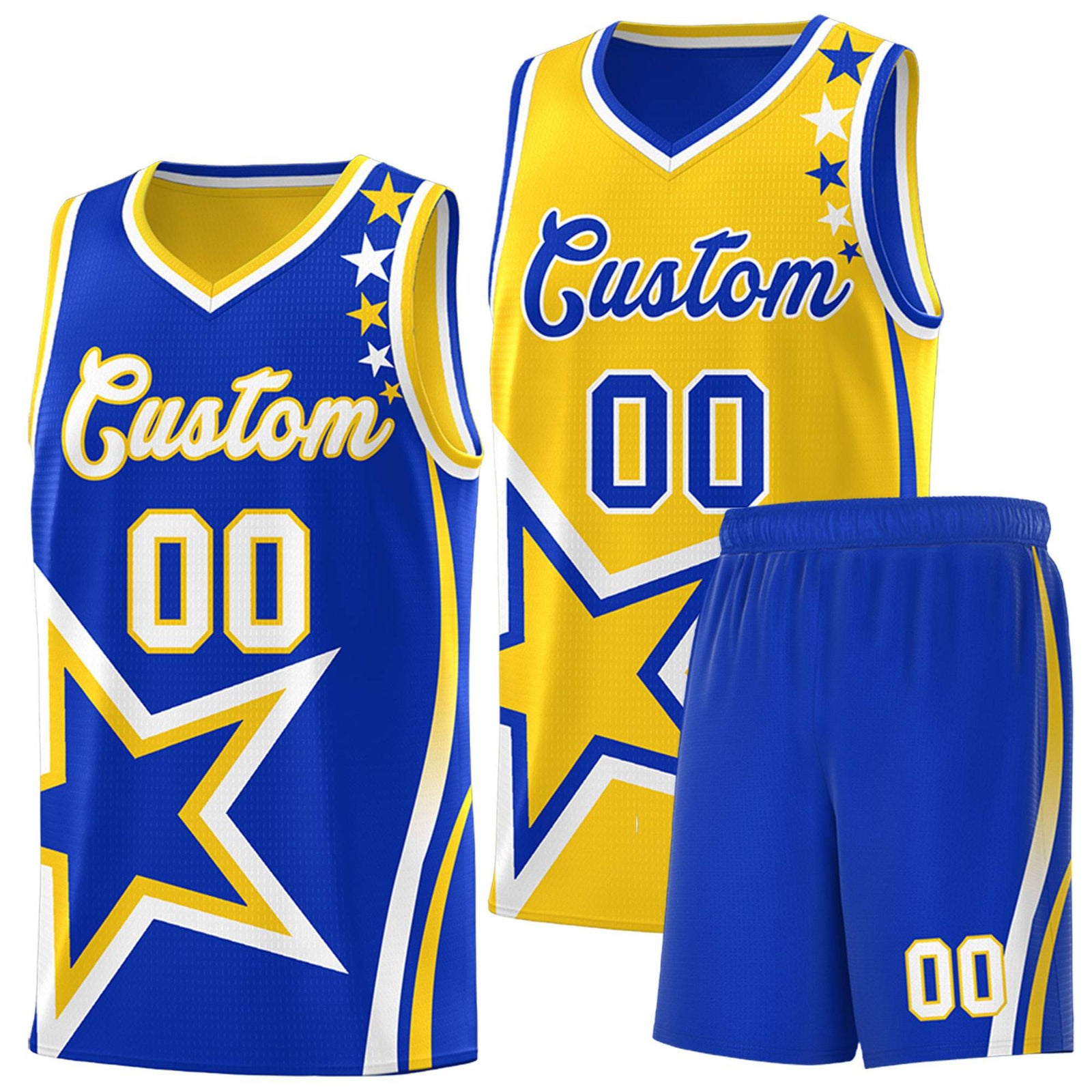 Custom Royal Gold Reversible Color Block Start Pattern Sports Uniform Basketball Jersey Kits
