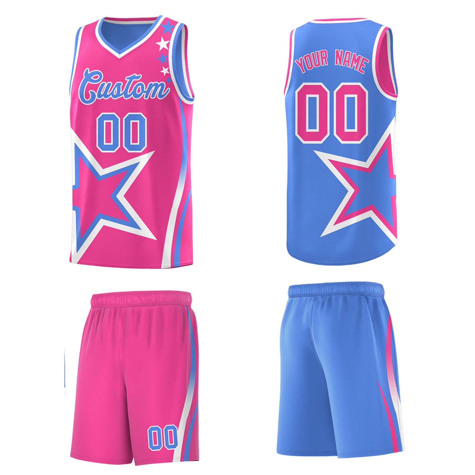 Custom Light Blue Pink Reversible Color Block Start Pattern Sports Uniform Basketball Jersey Kits