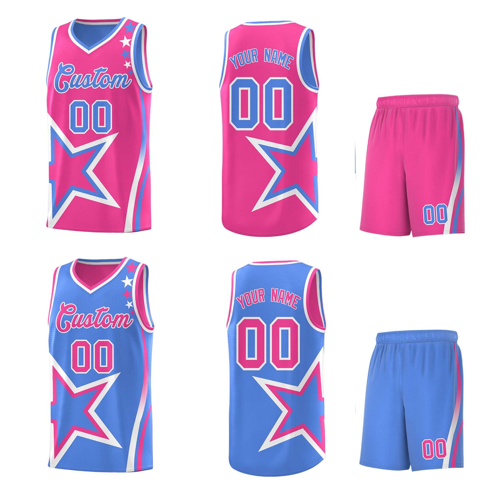 Custom Light Blue Pink Reversible Color Block Start Pattern Sports Uniform Basketball Jersey Kits