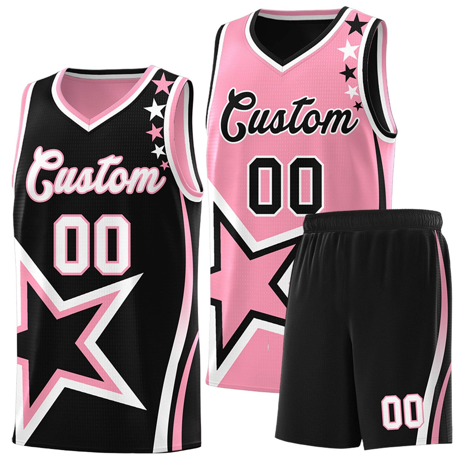 Custom Black Light Pink Reversible Color Block Start Pattern Sports Uniform Basketball Jersey Kits
