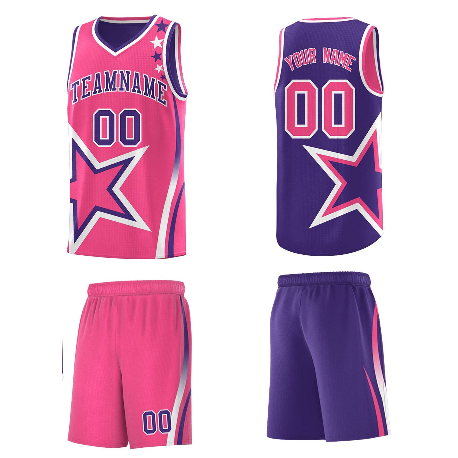 Custom Purple Pink Reversible Color Block Start Pattern Sports Uniform Basketball Jersey Kits