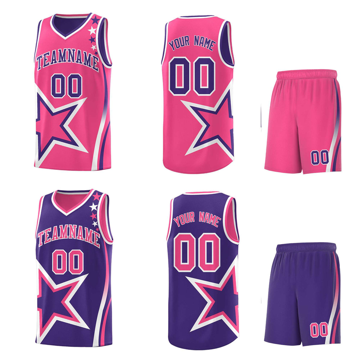 Custom Purple Pink Reversible Color Block Start Pattern Sports Uniform Basketball Jersey Kits