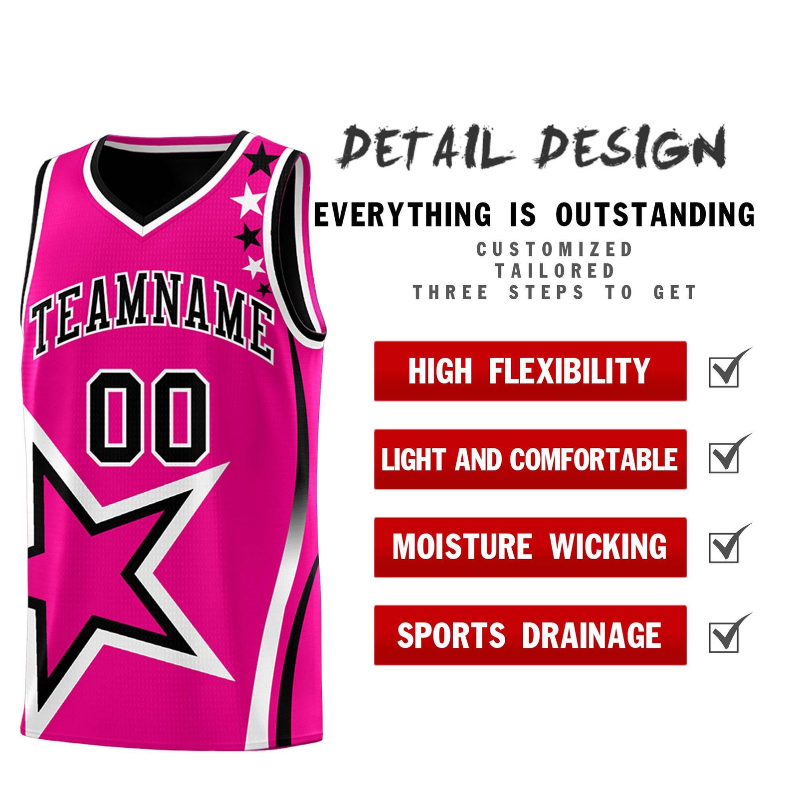 Custom Black Rose red Reversible Color Block Start Pattern Sports Uniform Basketball Jersey Kits