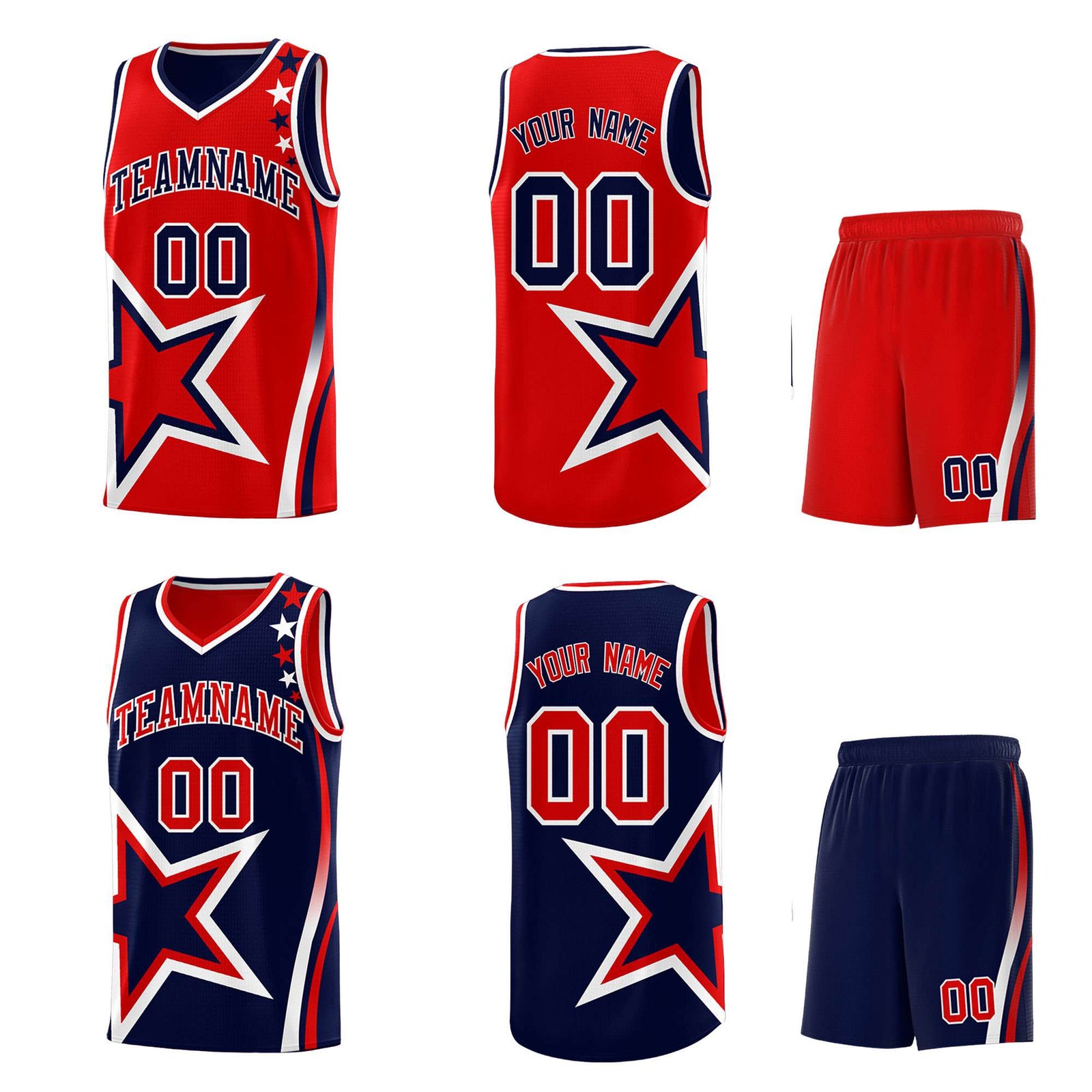 Custom Navy Red Reversible Color Block Start Pattern Sports Uniform Basketball Jersey Kits