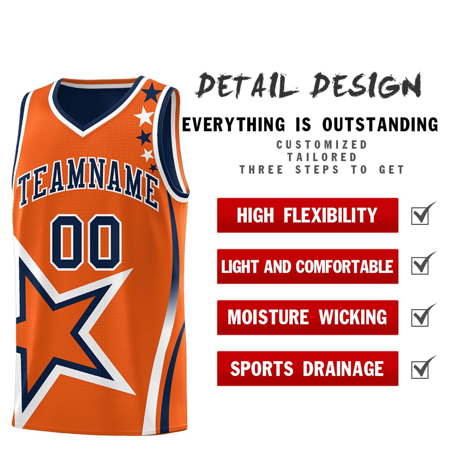 Custom Navy Orange Reversible Color Block Start Pattern Sports Uniform Basketball Jersey Kits