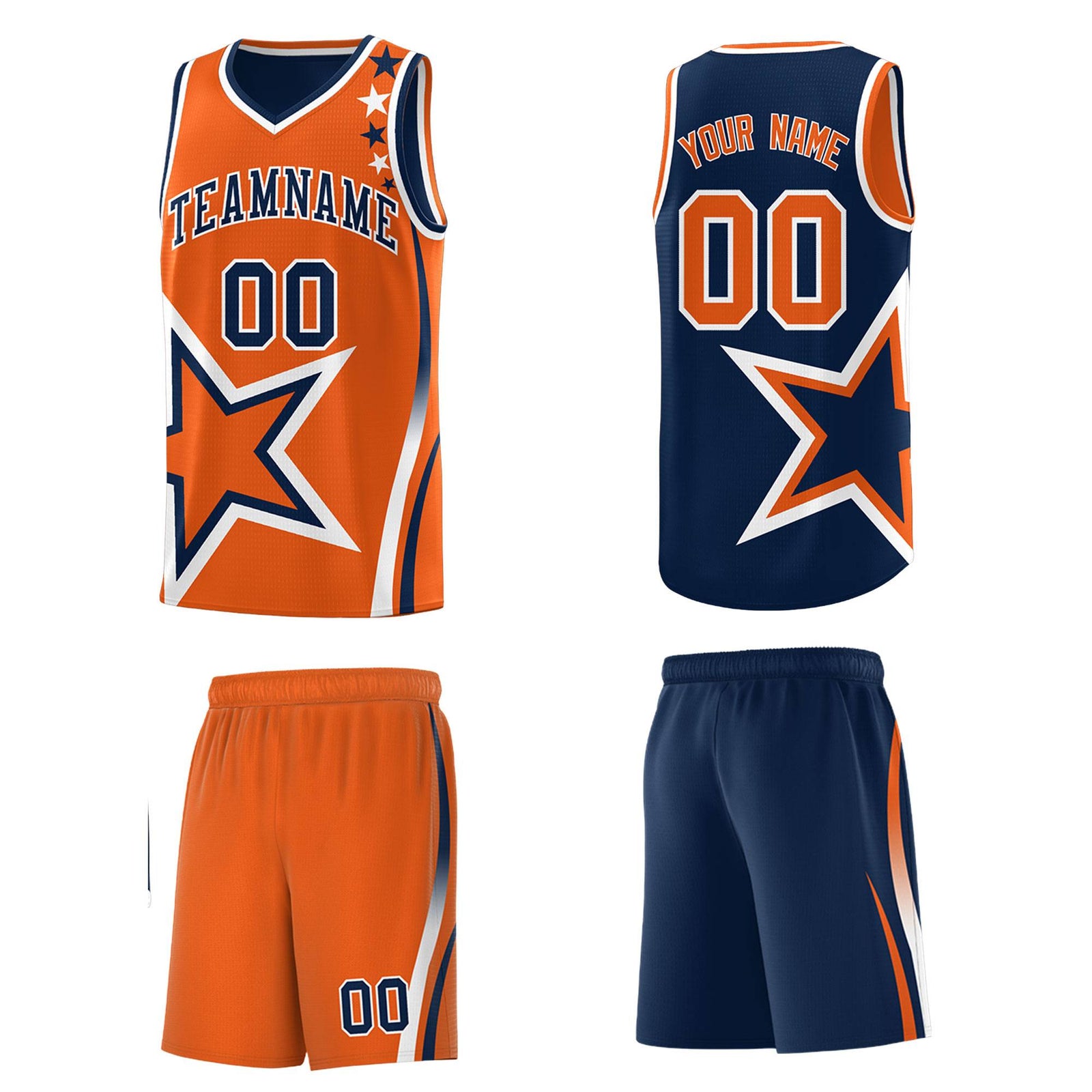 Custom Navy Orange Reversible Color Block Start Pattern Sports Uniform Basketball Jersey Kits