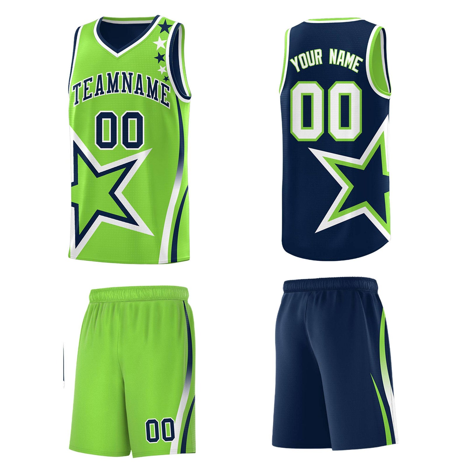 Custom Navy Neon Green Reversible Color Block Start Pattern Sports Uniform Basketball Jersey Kits
