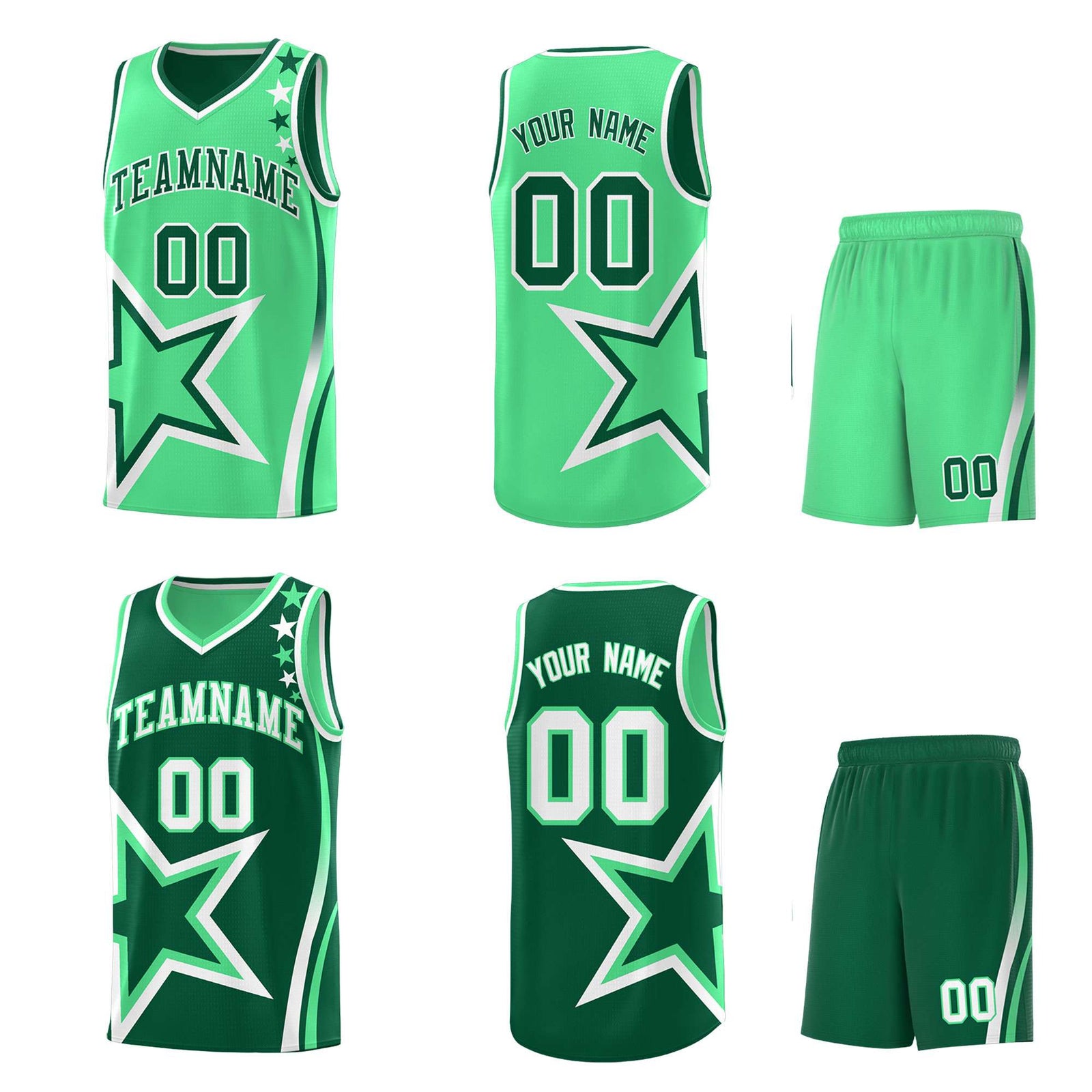 Custom Green Light Green Reversible Color Block Start Pattern Sports Uniform Basketball Jersey Kits
