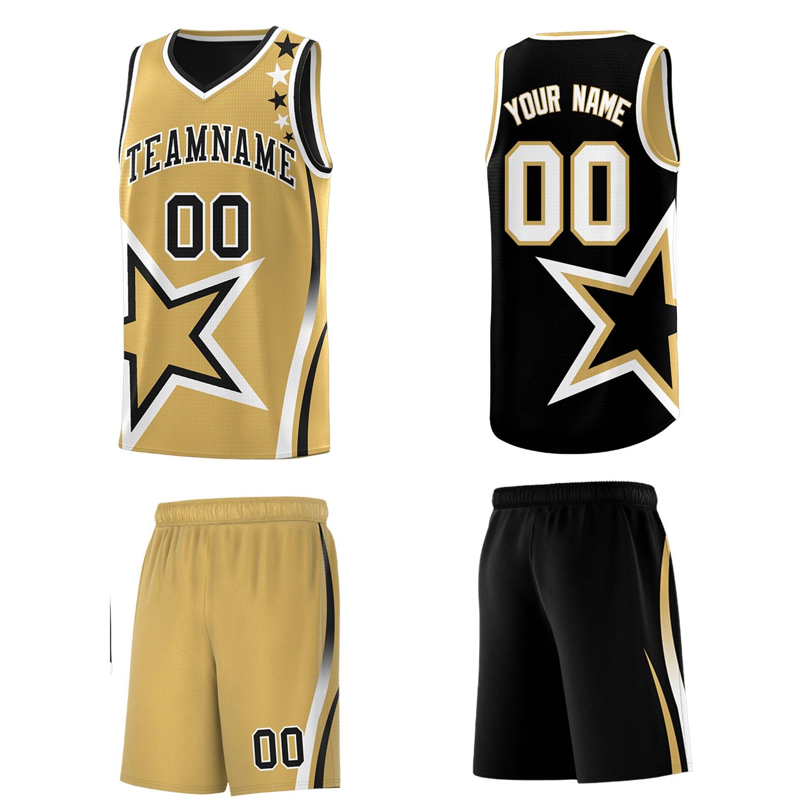 Custom Black Old Gold Reversible Color Block Start Pattern Sports Uniform Basketball Jersey Kits