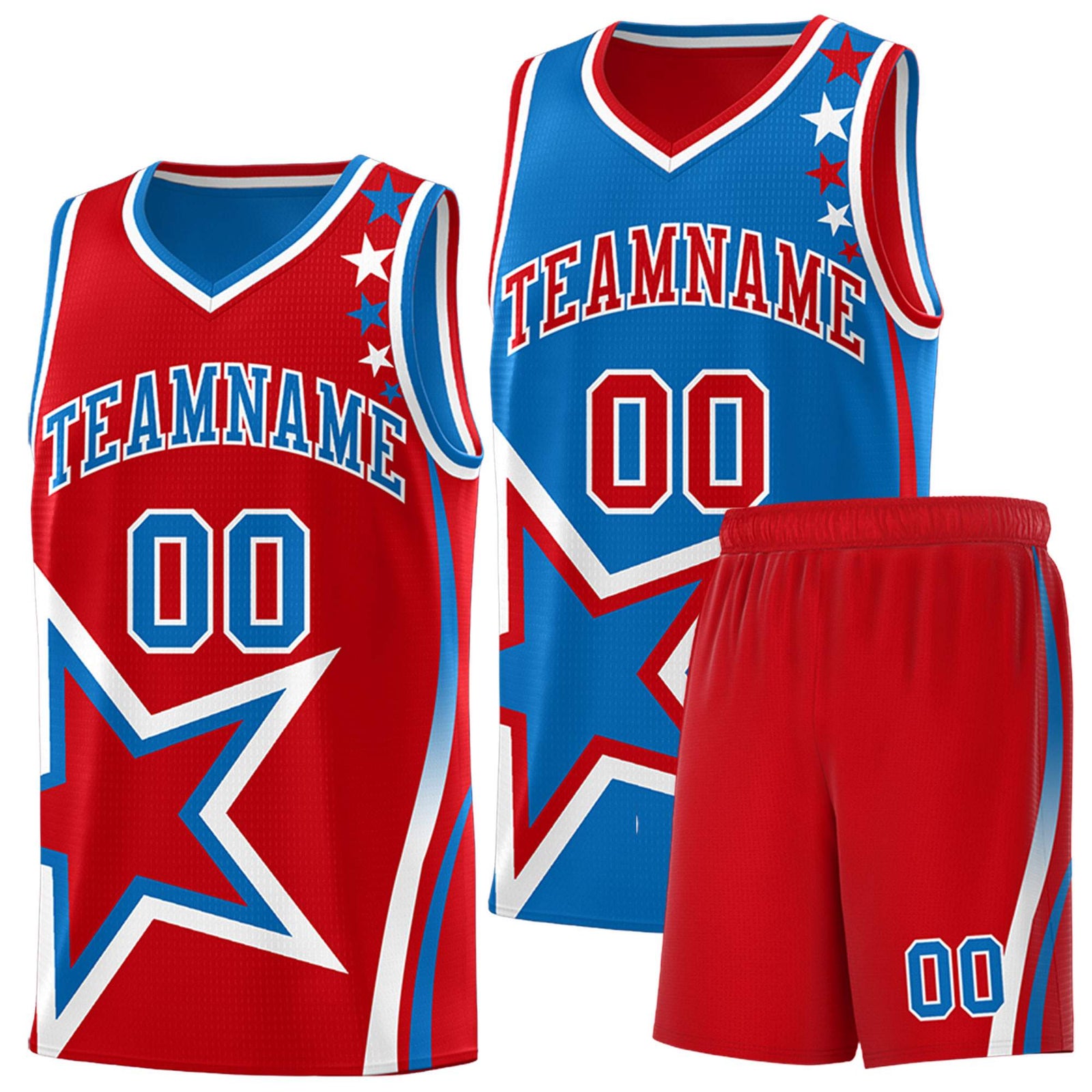 Custom Red Royal Reversible Color Block Start Pattern Sports Uniform Basketball Jersey Kits