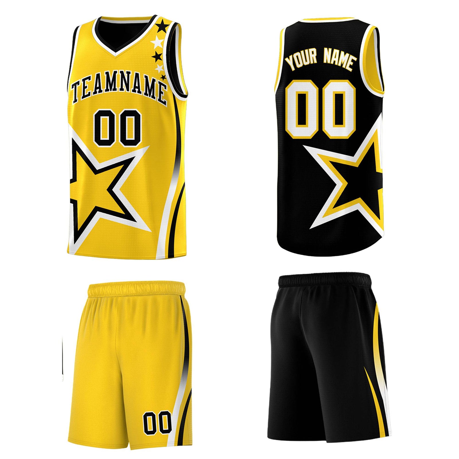 Custom Black Gold Reversible Color Block Start Pattern Sports Uniform Basketball Jersey Kits