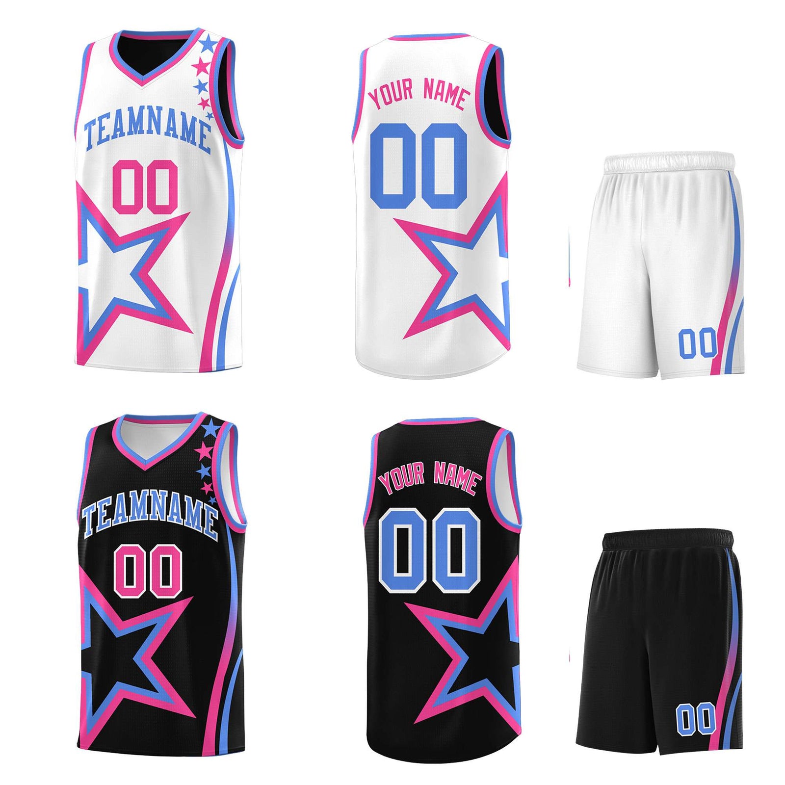 Custom Black White Reversible Color Block Start Pattern Sports Uniform Basketball Jersey Kits