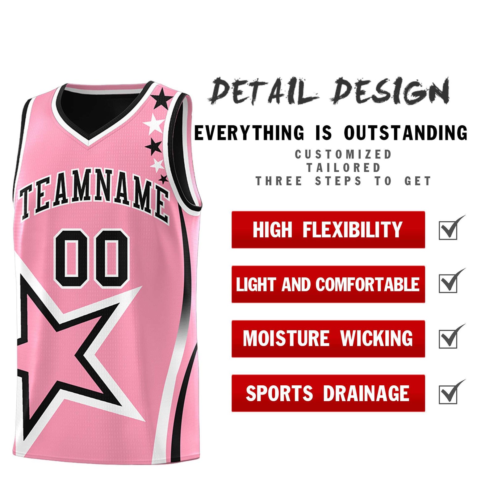 Custom Black Light Pink Reversible Color Block Start Pattern Sports Uniform Basketball Jersey Kits
