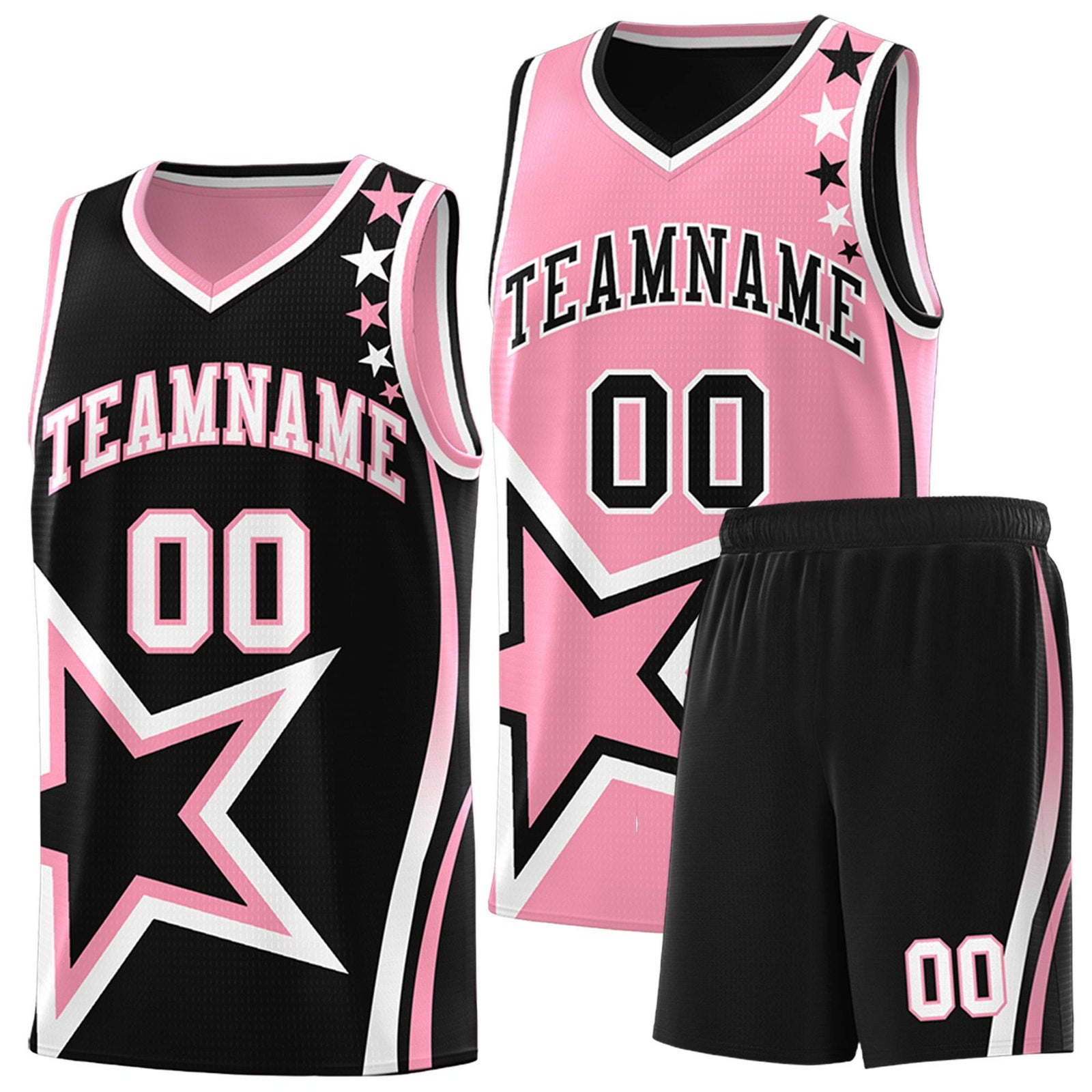 Custom Black Light Pink Reversible Color Block Start Pattern Sports Uniform Basketball Jersey Kits