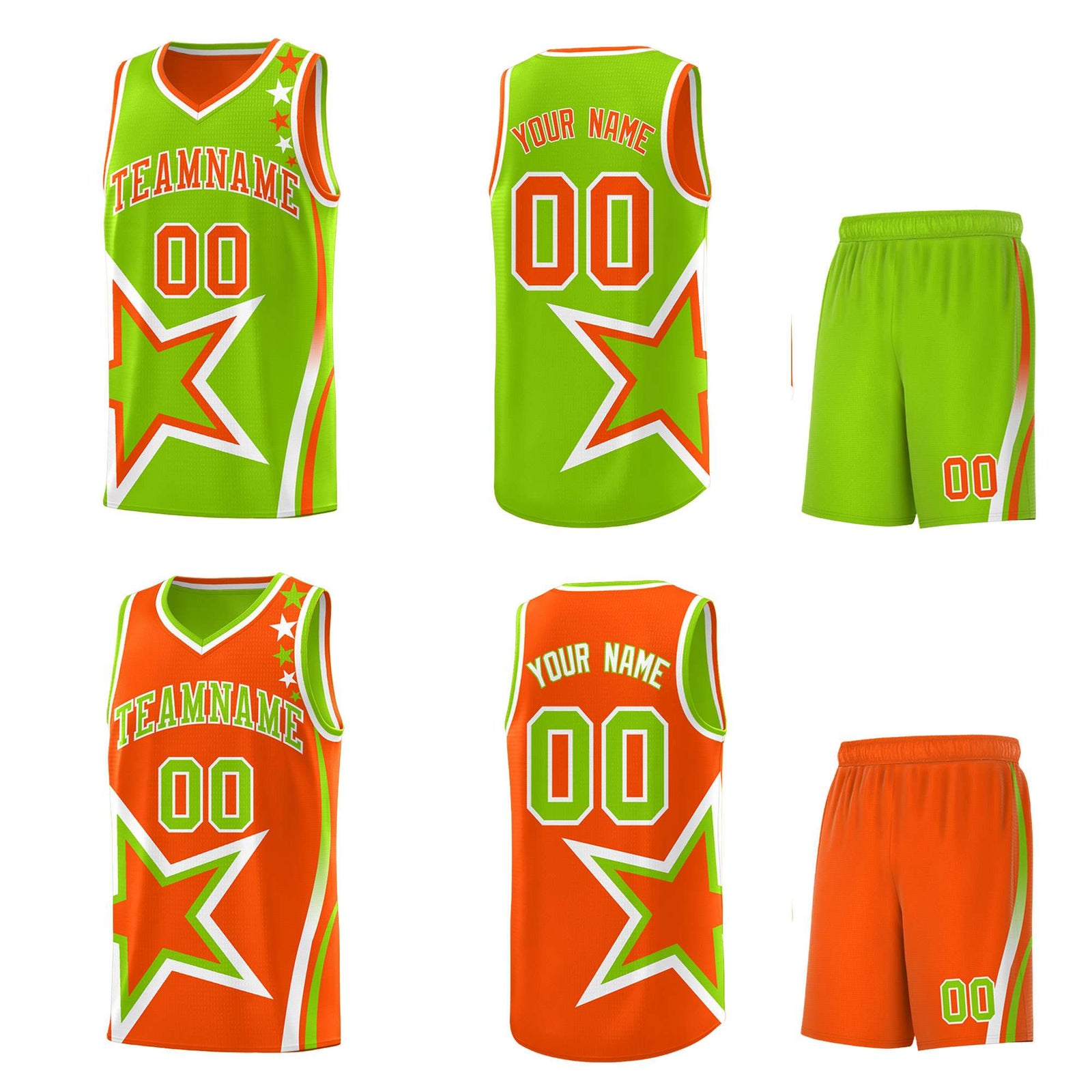 Custom Orange Neon Green Reversible Color Block Start Pattern Sports Uniform Basketball Jersey Kits