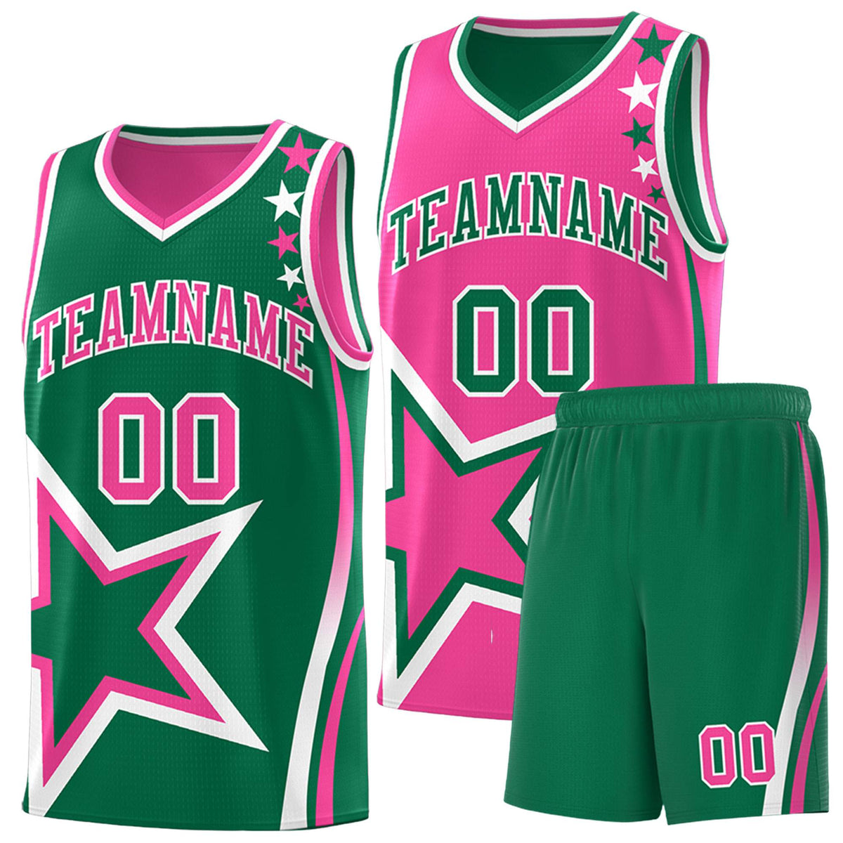 Custom Kelly Green Pink Reversible Color Block Start Pattern Sports Uniform Basketball Jersey Kits