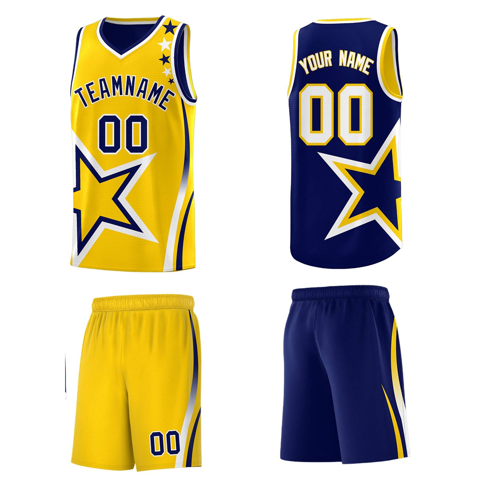 Custom Navy Gold Reversible Color Block Start Pattern Sports Uniform Basketball Jersey Kits