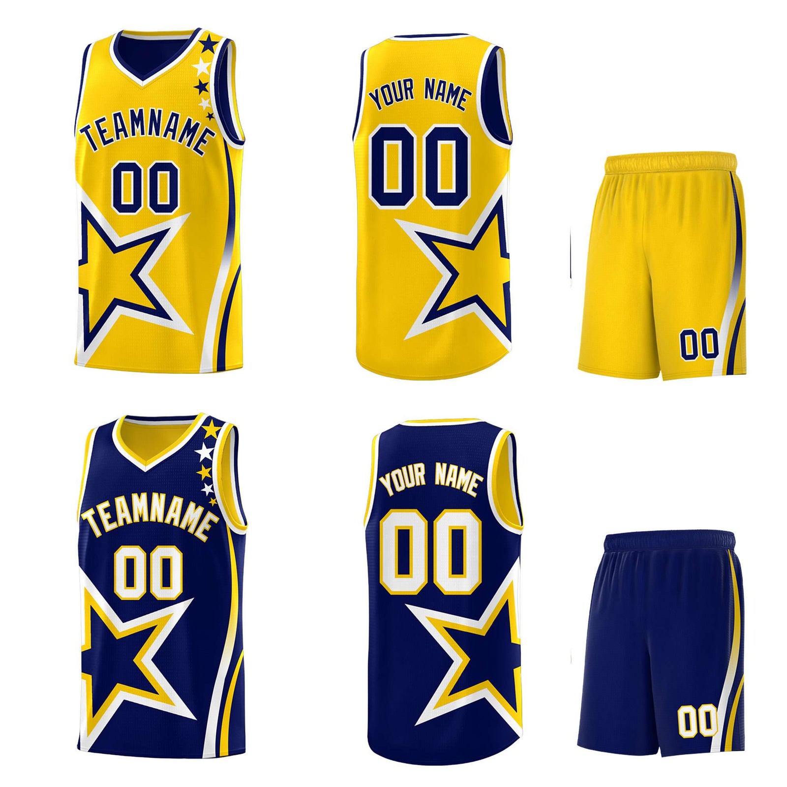 Custom Navy Gold Reversible Color Block Start Pattern Sports Uniform Basketball Jersey Kits