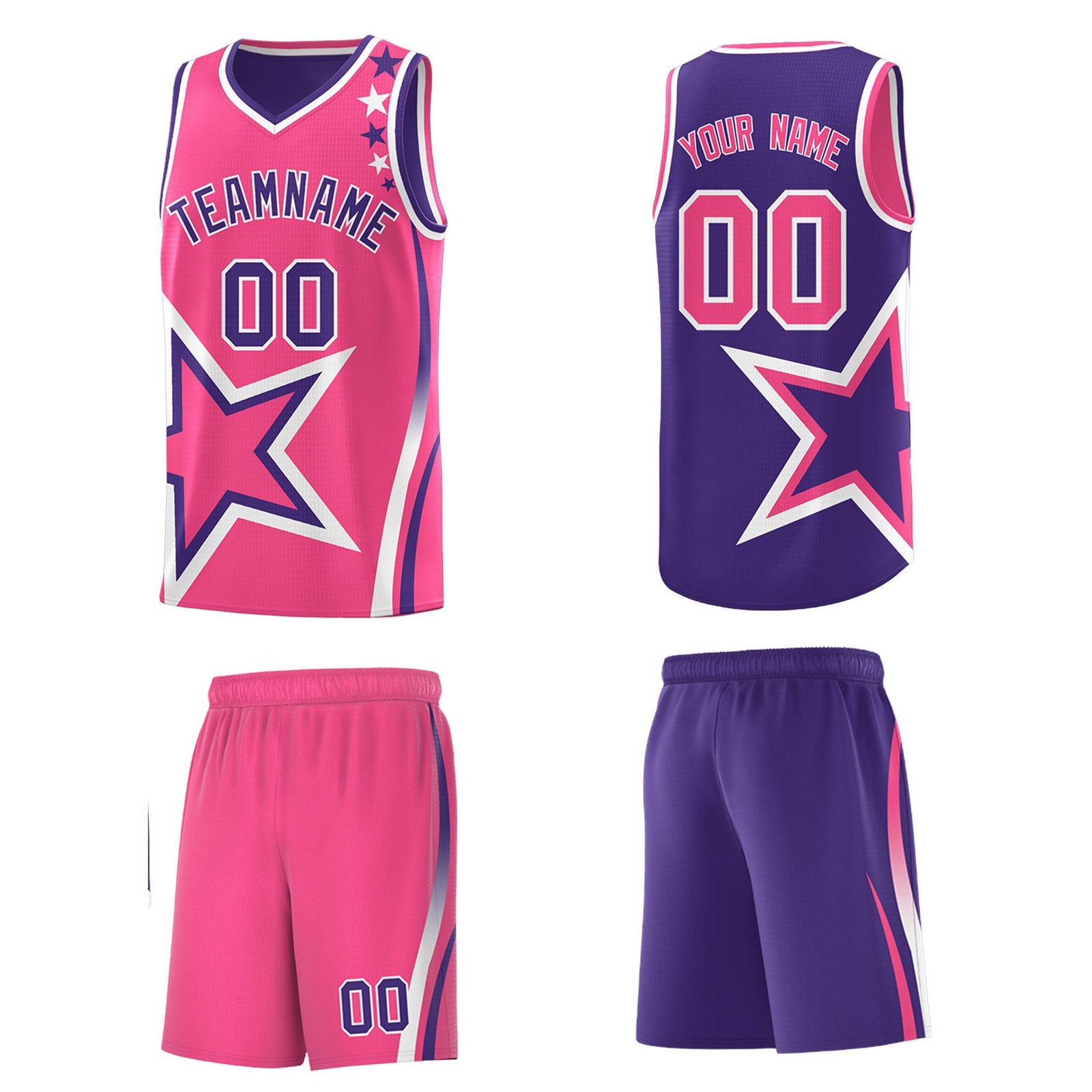 Custom Purple Pink Reversible Color Block Start Pattern Sports Uniform Basketball Jersey Kits