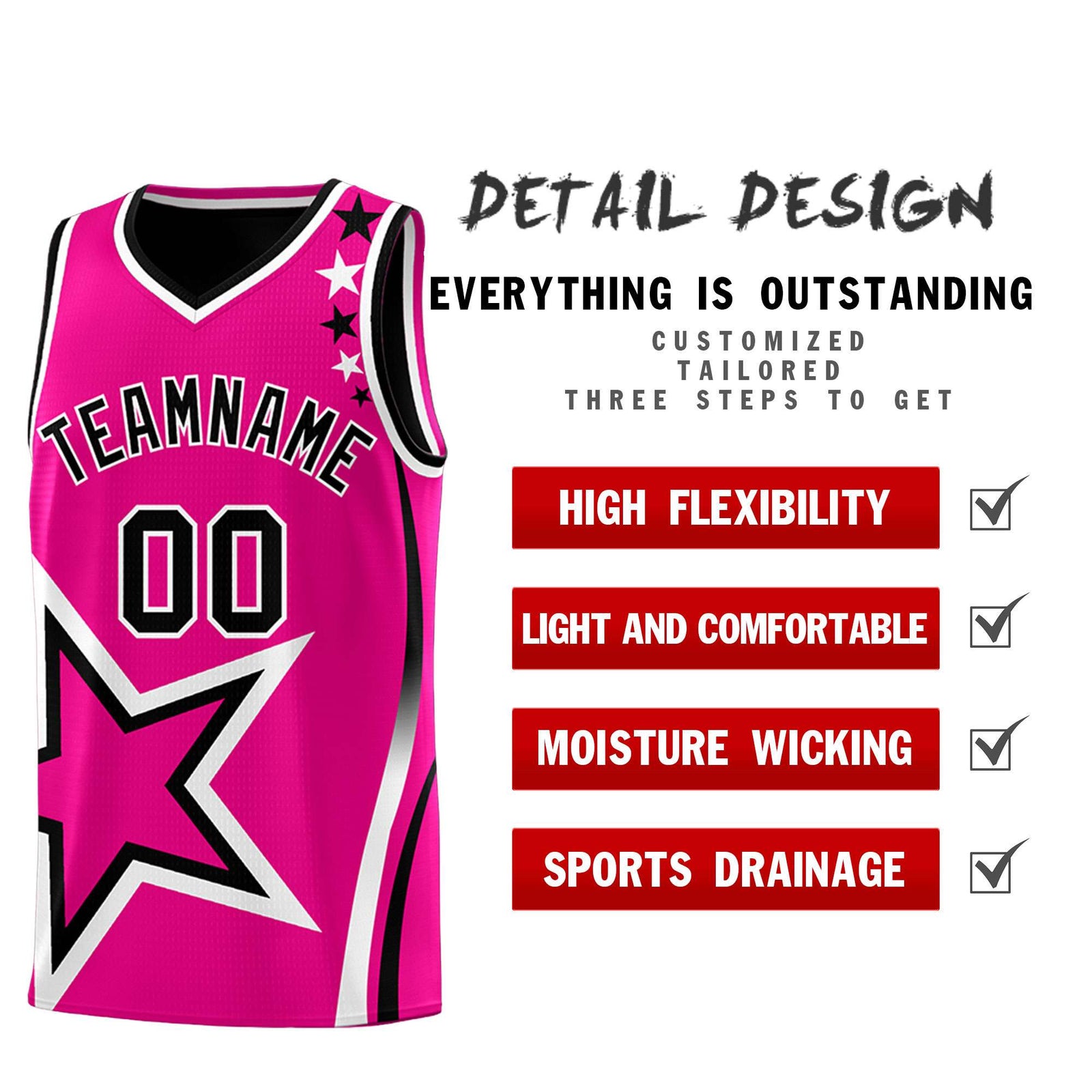 Custom Black Rose red Reversible Color Block Start Pattern Sports Uniform Basketball Jersey Kits