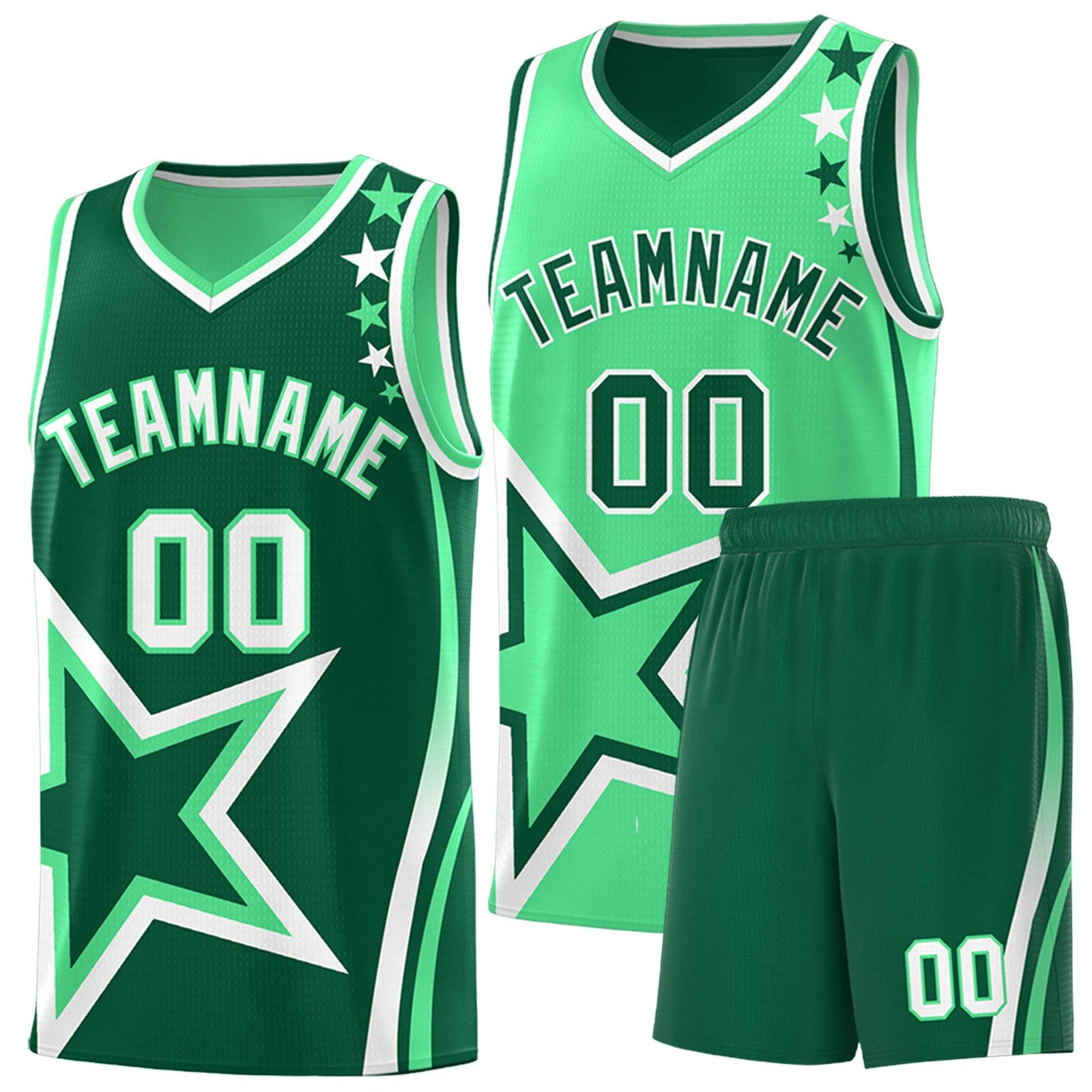 Custom Green Light Green Reversible Color Block Start Pattern Sports Uniform Basketball Jersey Kits