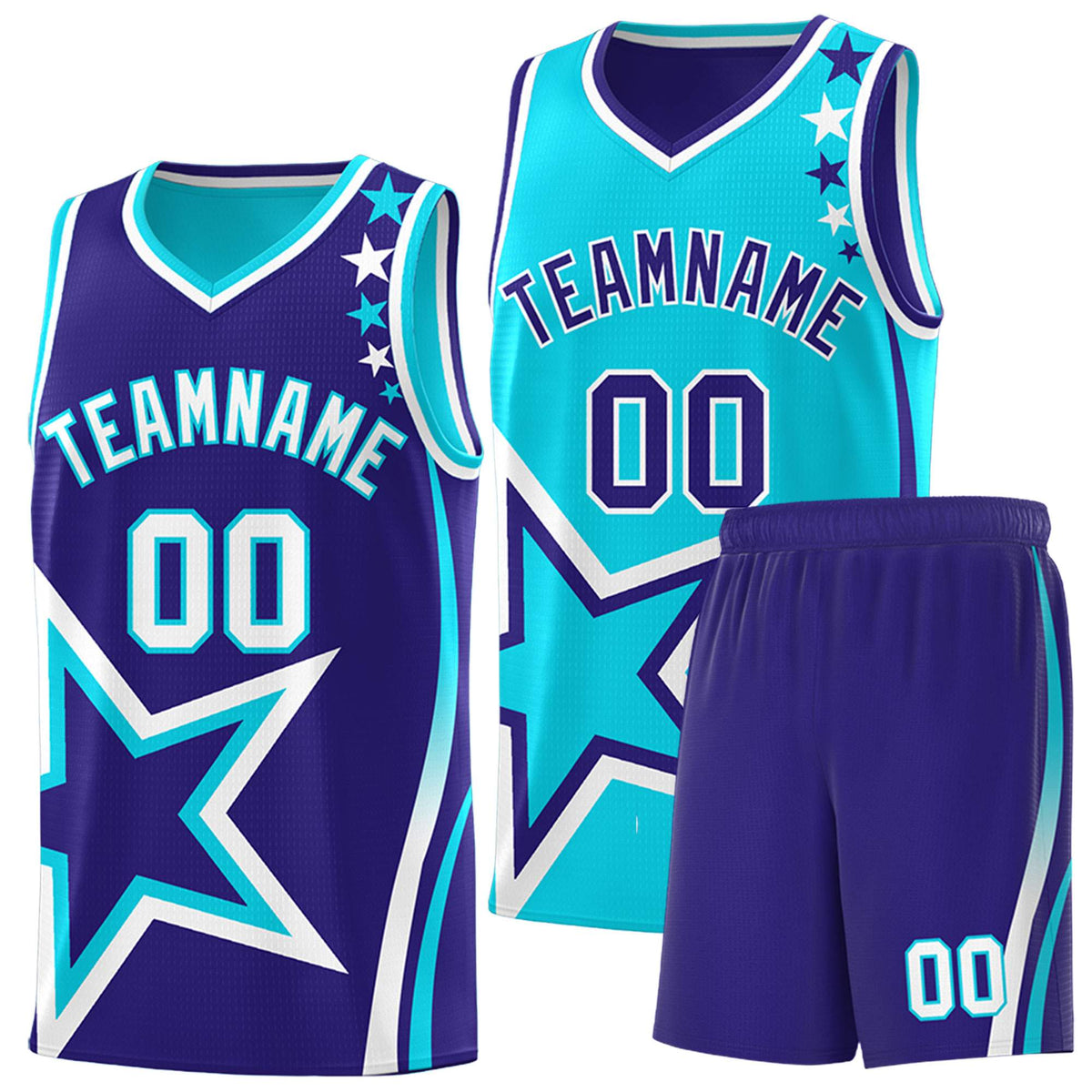 Custom Royal Light Blue Reversible Color Block Start Pattern Sports Uniform Basketball Jersey Kits