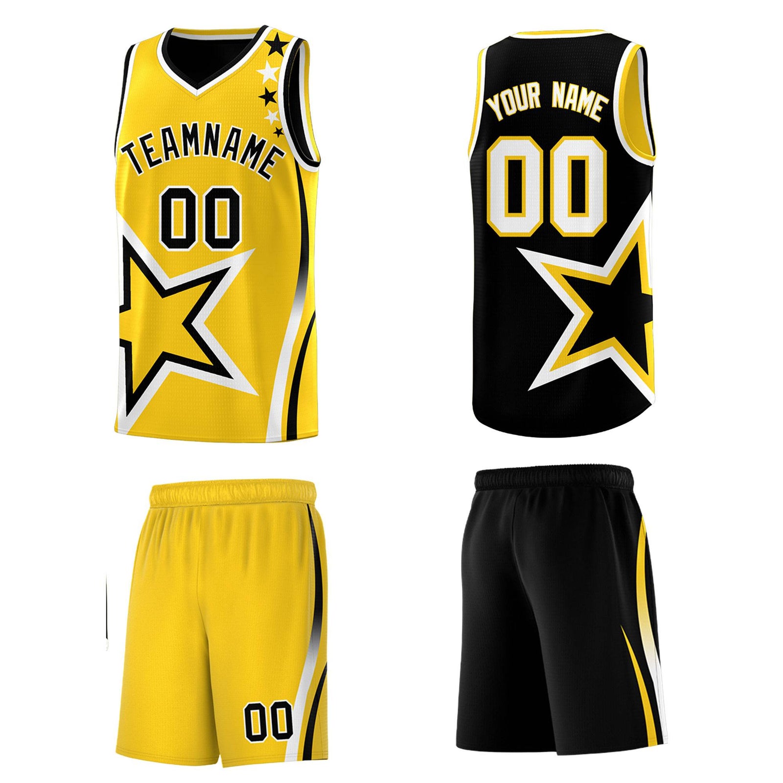 Custom Black Gold Reversible Color Block Start Pattern Sports Uniform Basketball Jersey Kits