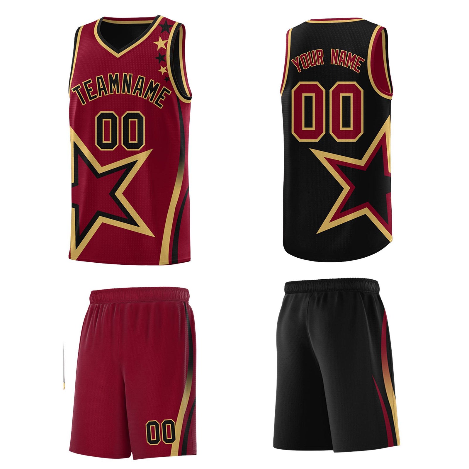 Custom Black Crimson Reversible Color Block Start Pattern Sports Uniform Basketball Jersey Kits