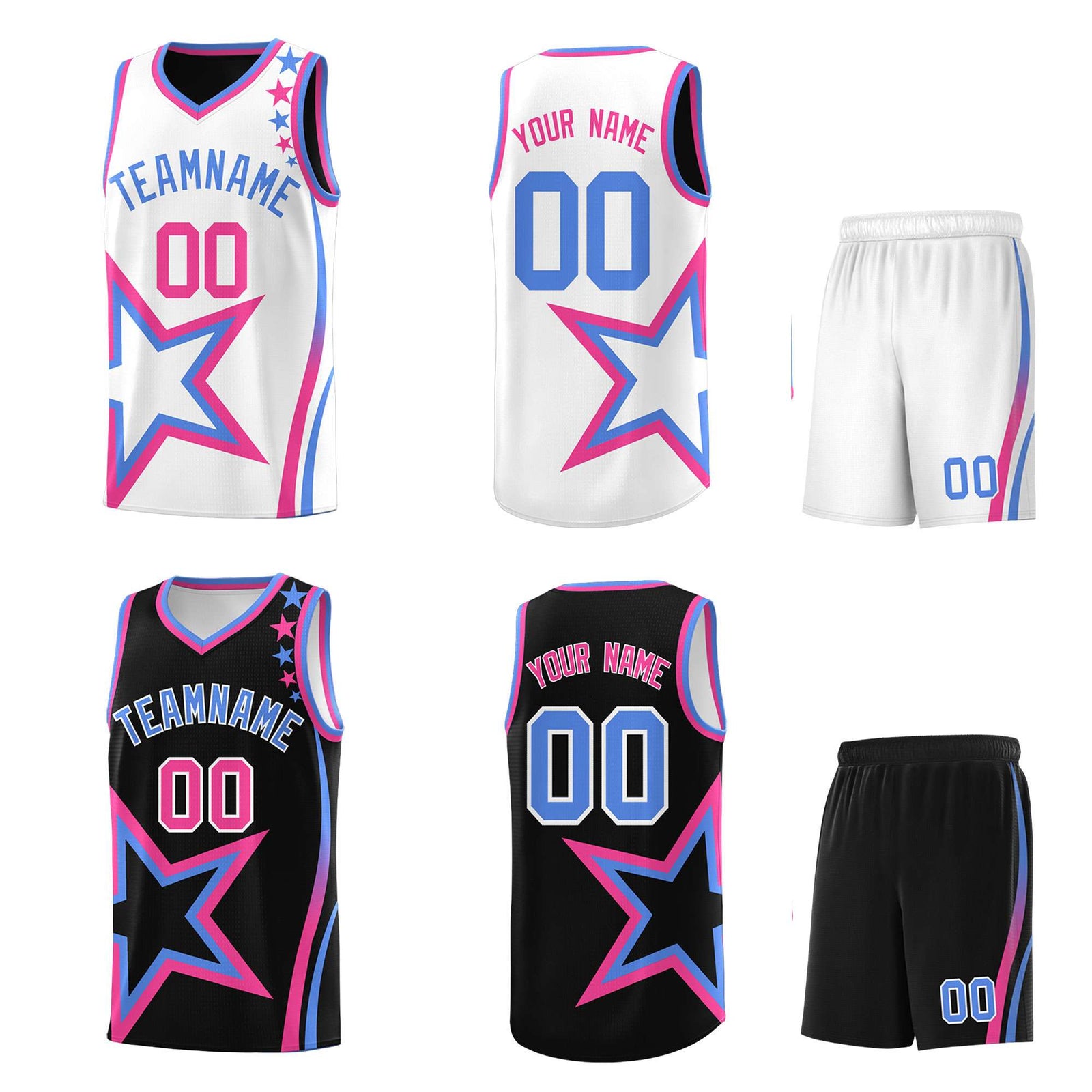 Custom Black White Reversible Color Block Start Pattern Sports Uniform Basketball Jersey Kits