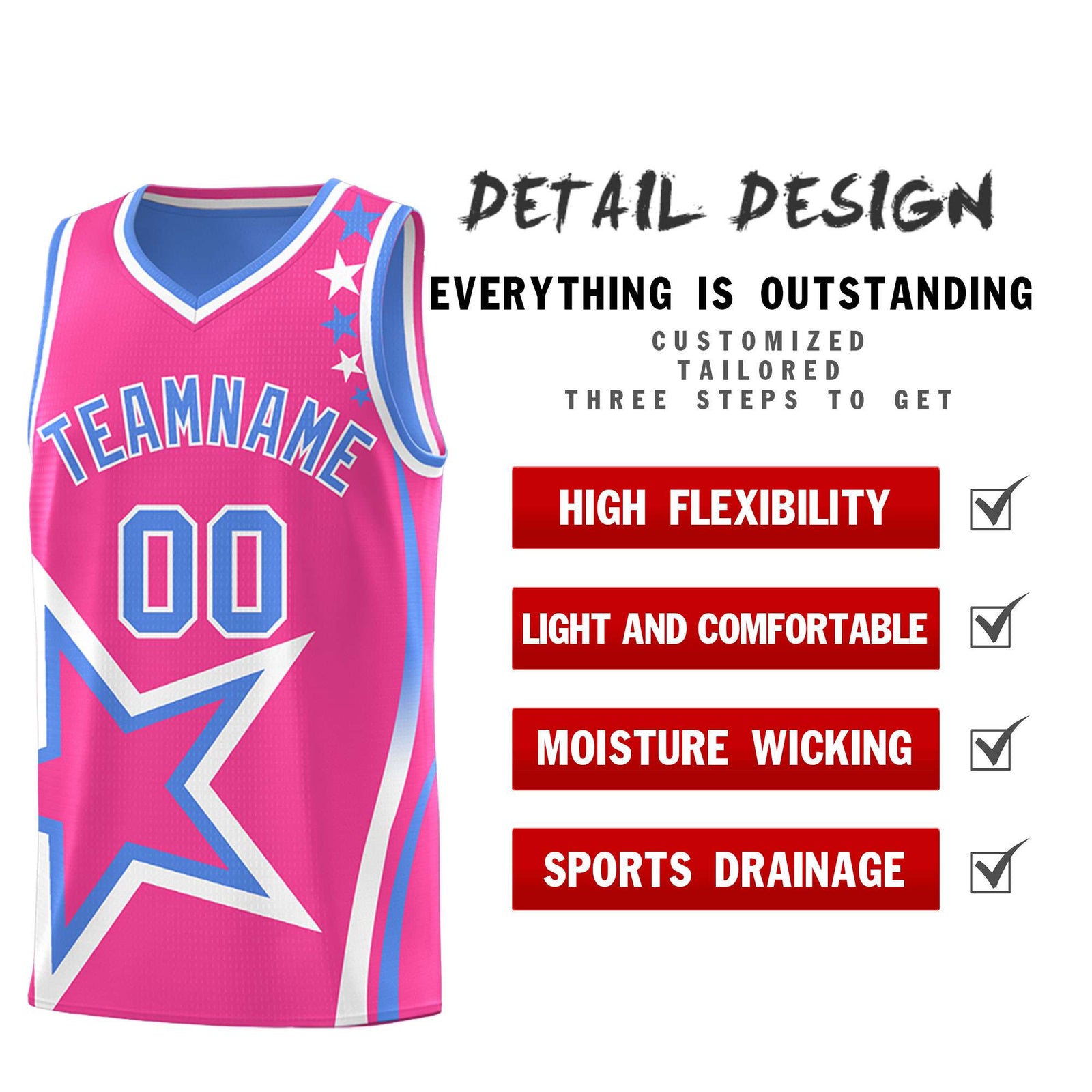 Custom Light Blue Pink Reversible Color Block Start Pattern Sports Uniform Basketball Jersey Kits