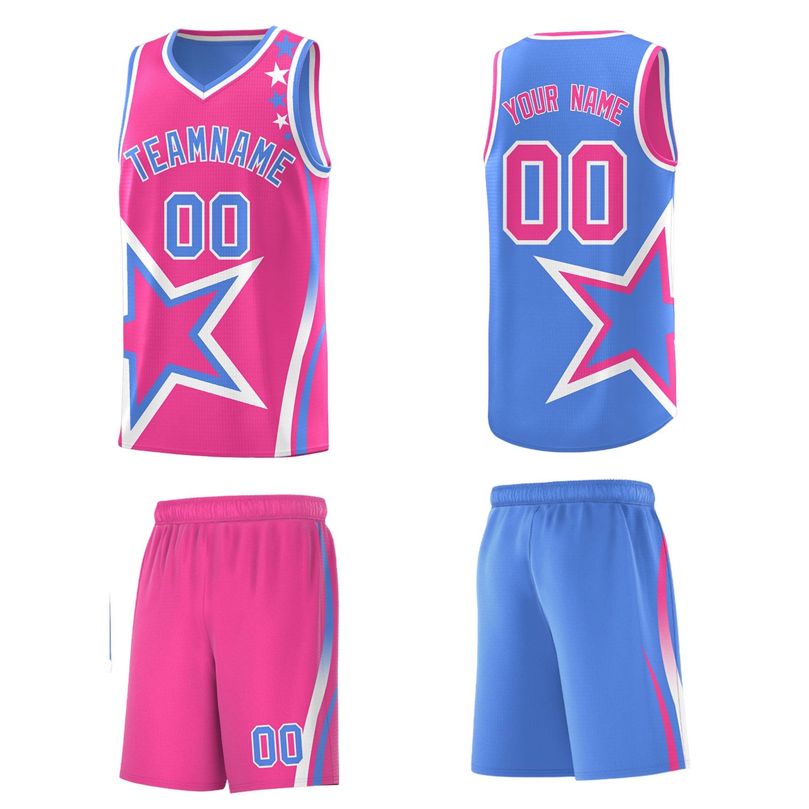 Custom Light Blue Pink Reversible Color Block Start Pattern Sports Uniform Basketball Jersey Kits