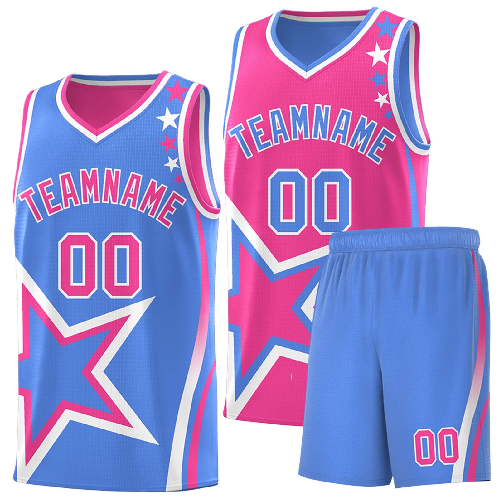 Custom Light Blue Pink Reversible Color Block Start Pattern Sports Uniform Basketball Jersey Kits