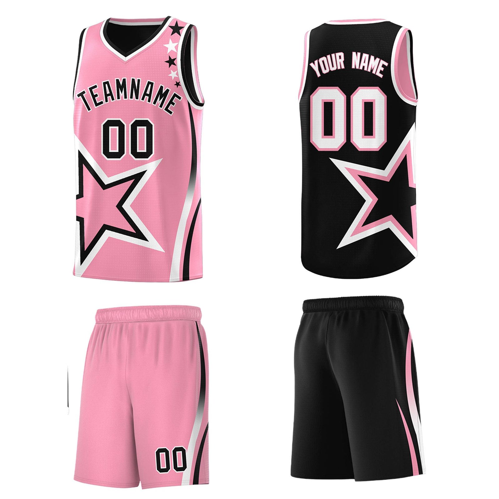 Custom Black Light Pink Reversible Color Block Start Pattern Sports Uniform Basketball Jersey Kits
