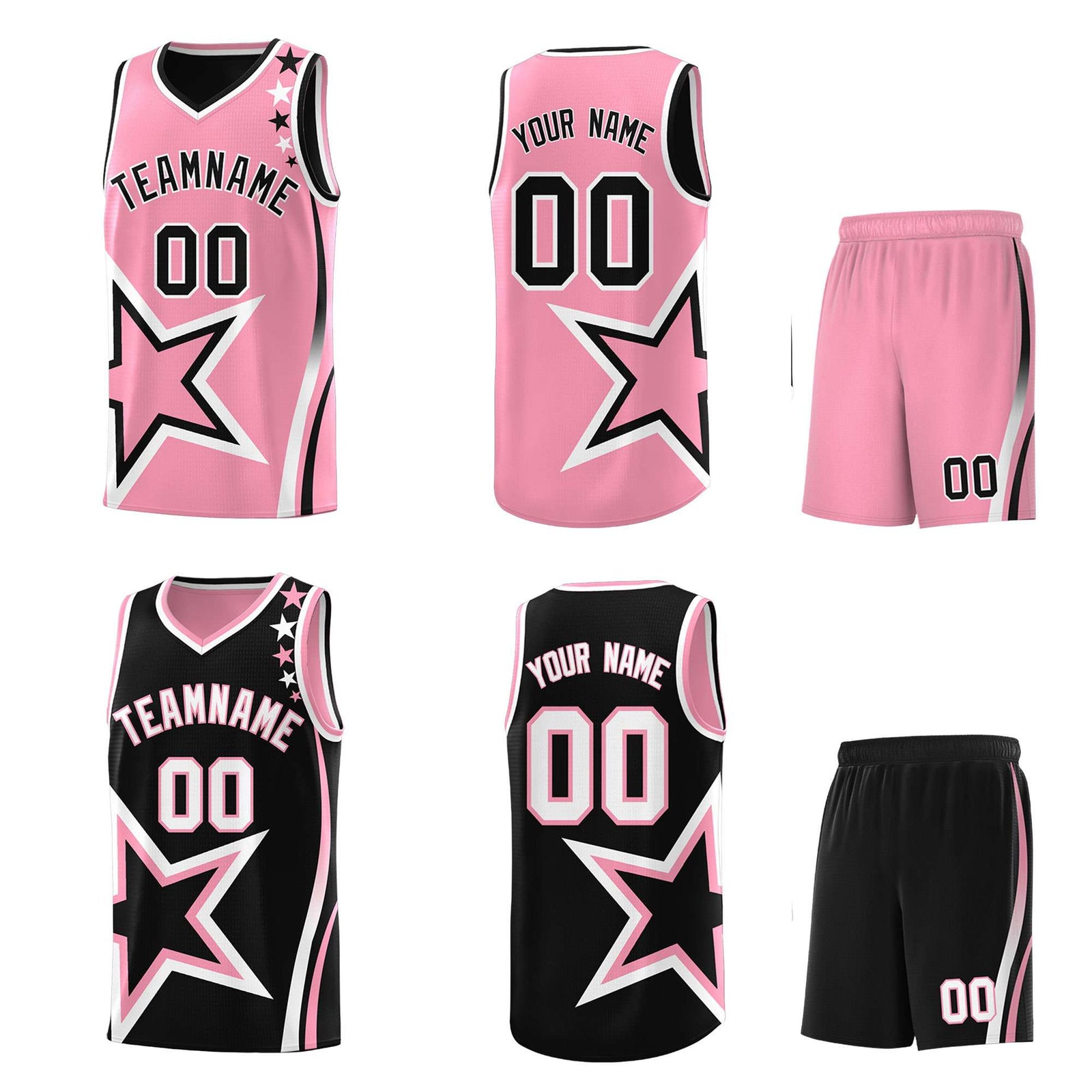 Custom Black Light Pink Reversible Color Block Start Pattern Sports Uniform Basketball Jersey Kits