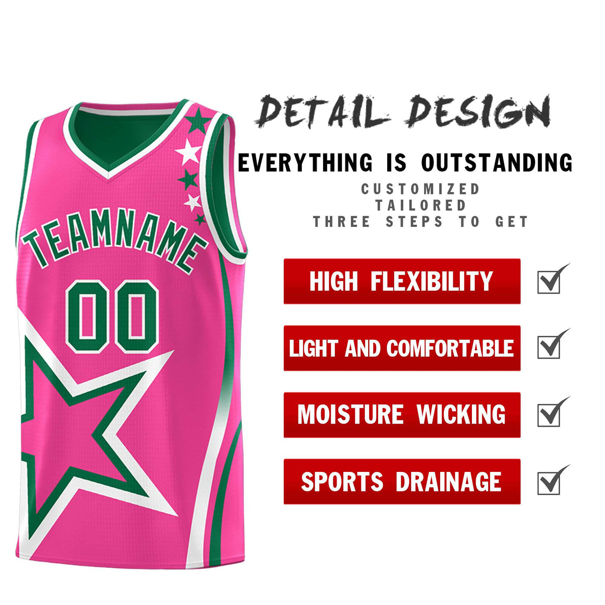 Custom Kelly Green Pink Reversible Color Block Start Pattern Sports Uniform Basketball Jersey Kits
