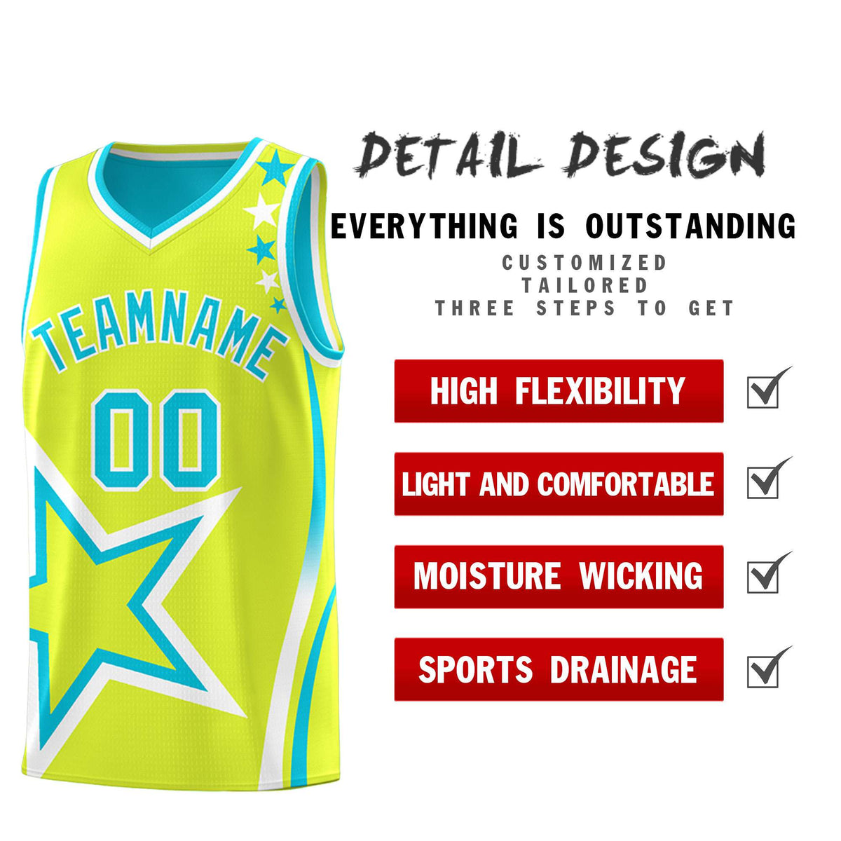 Custom Sky Blue Fluorescent Green Reversible Color Block Start Pattern Sports Uniform Basketball Jersey Kits