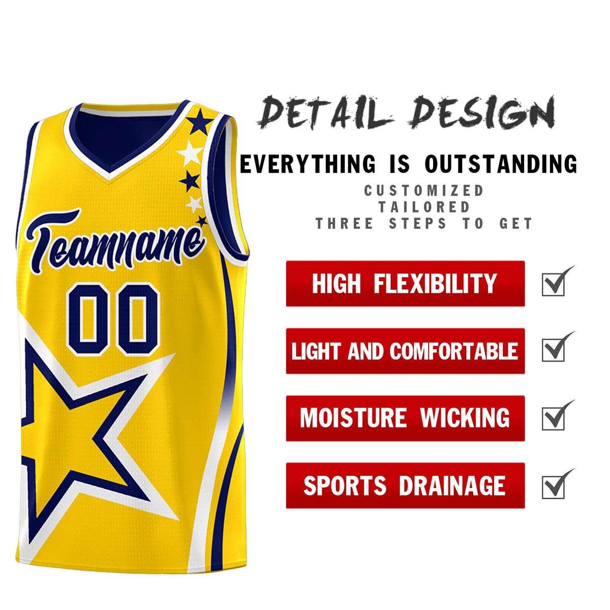 Custom Navy Gold Reversible Color Block Start Pattern Sports Uniform Basketball Jersey Kits