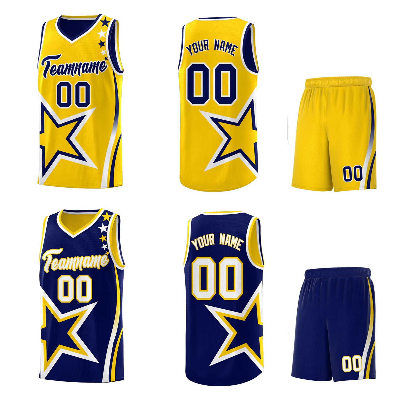 Custom Navy Gold Reversible Color Block Start Pattern Sports Uniform Basketball Jersey Kits