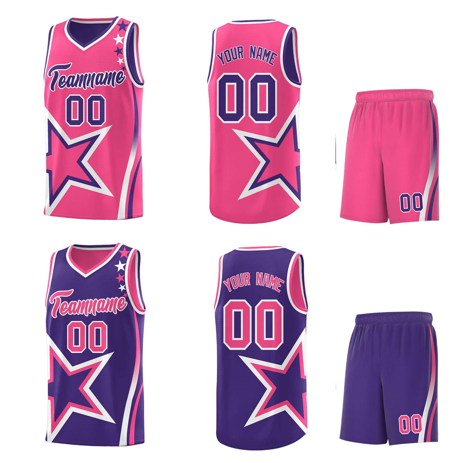 Custom Purple Pink Reversible Color Block Start Pattern Sports Uniform Basketball Jersey Kits
