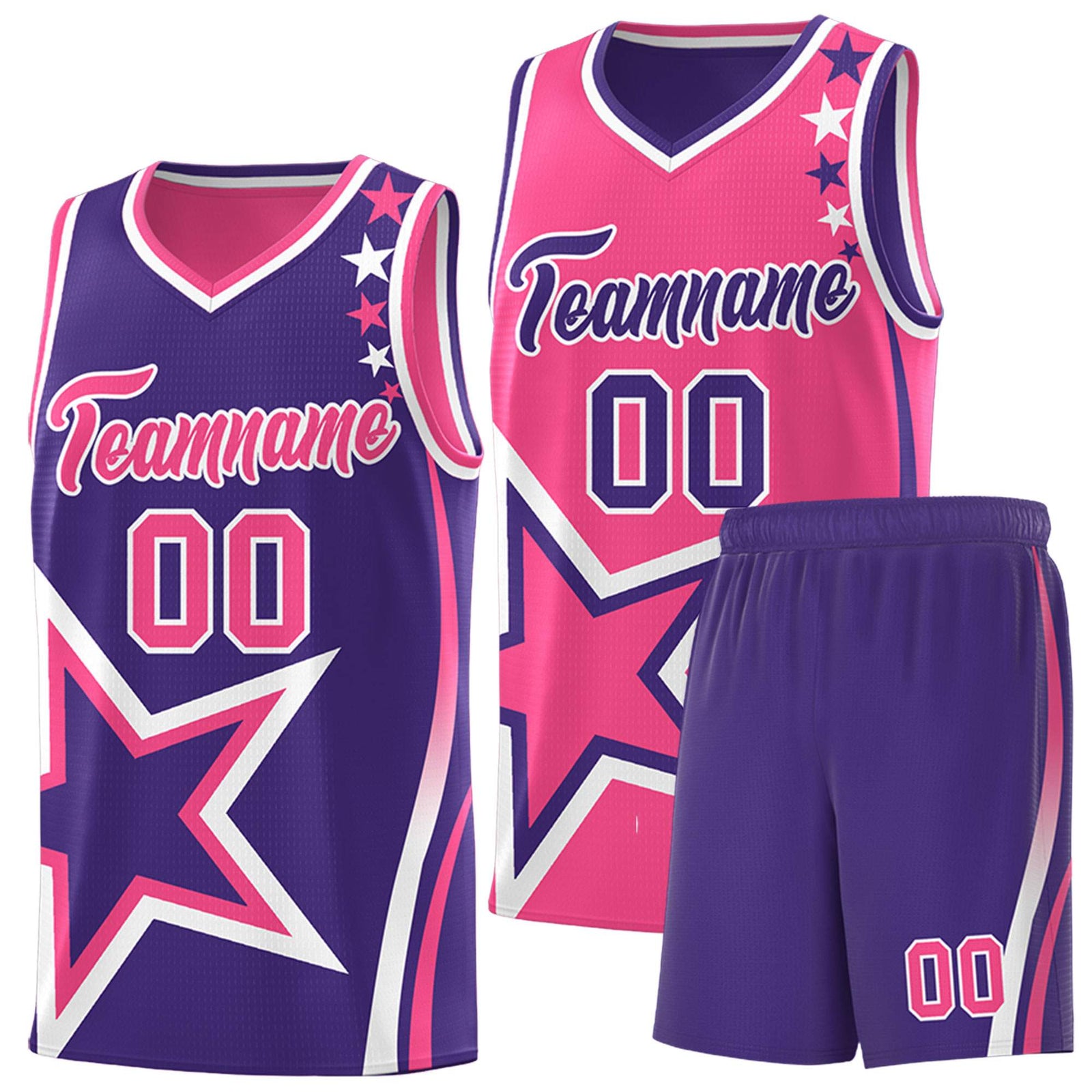 Custom Purple Pink Reversible Color Block Start Pattern Sports Uniform Basketball Jersey Kits