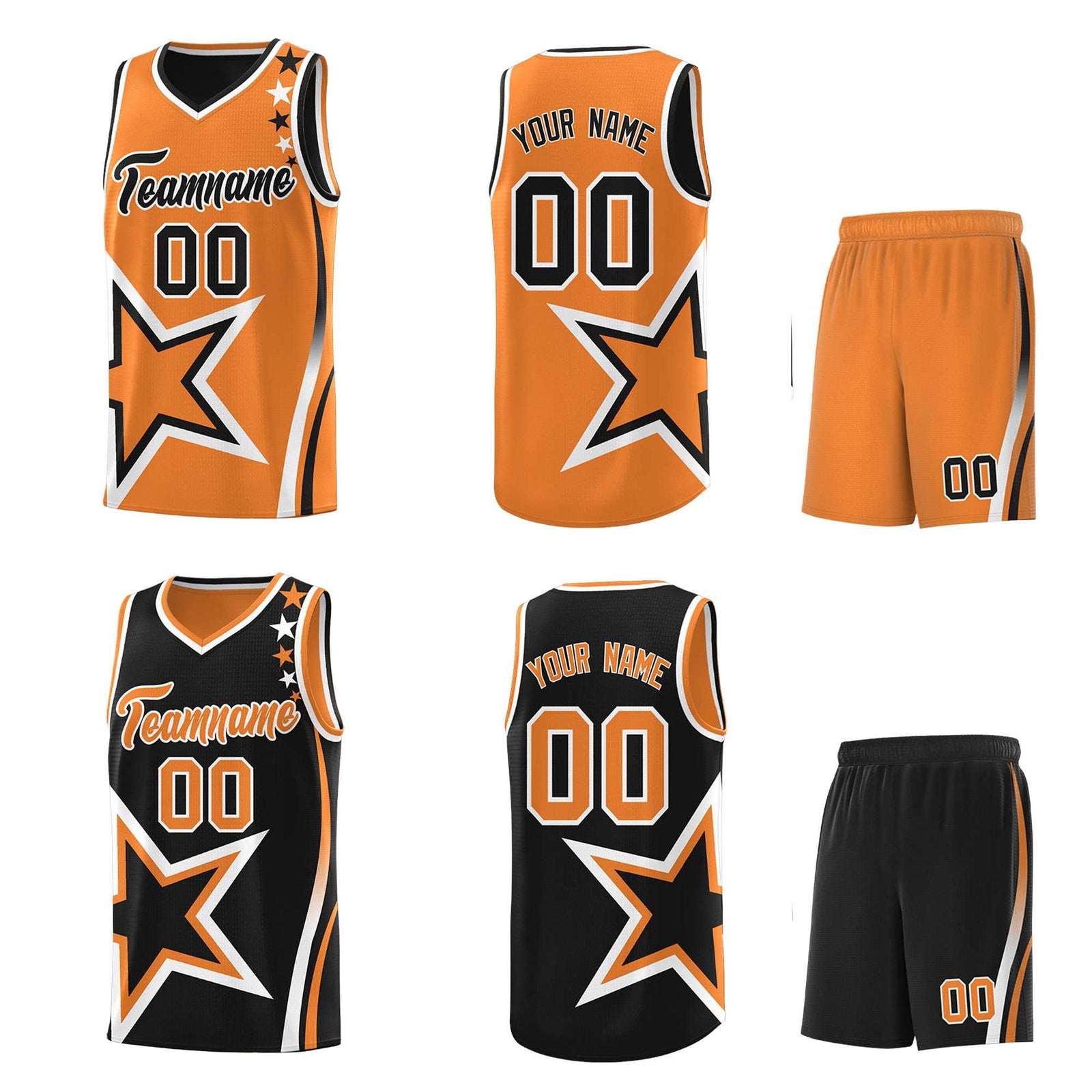 Custom Black Orange Reversible Color Block Start Pattern Sports Uniform Basketball Jersey Kits