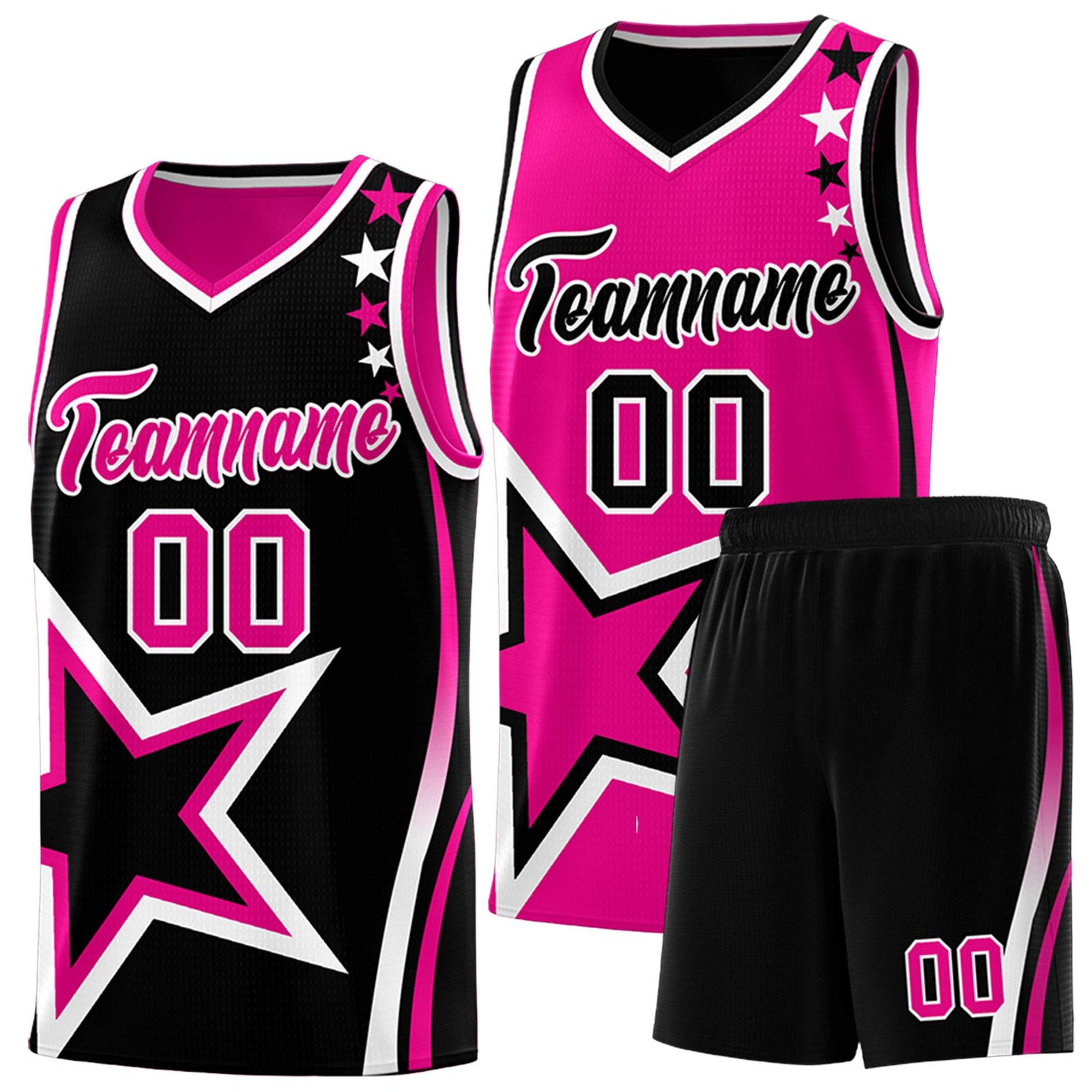Custom Black Rose red Reversible Color Block Start Pattern Sports Uniform Basketball Jersey Kits