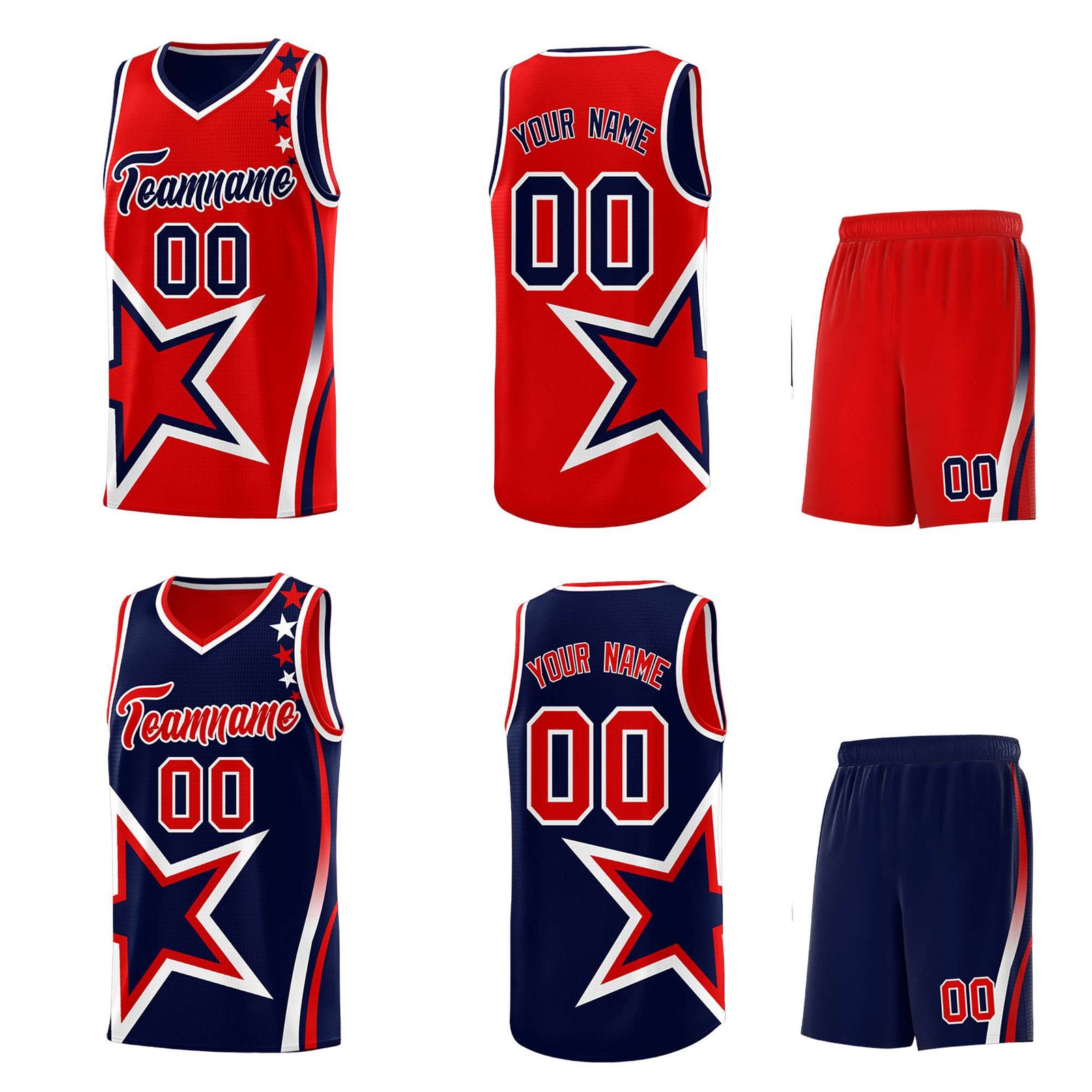 Custom Navy Red Reversible Color Block Start Pattern Sports Uniform Basketball Jersey Kits