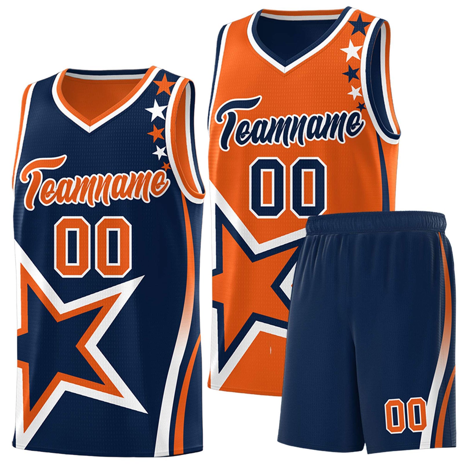 Custom Navy Orange Reversible Color Block Start Pattern Sports Uniform Basketball Jersey Kits