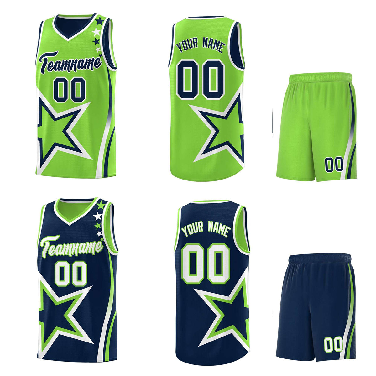 Custom Navy Neon Green Reversible Color Block Start Pattern Sports Uniform Basketball Jersey Kits