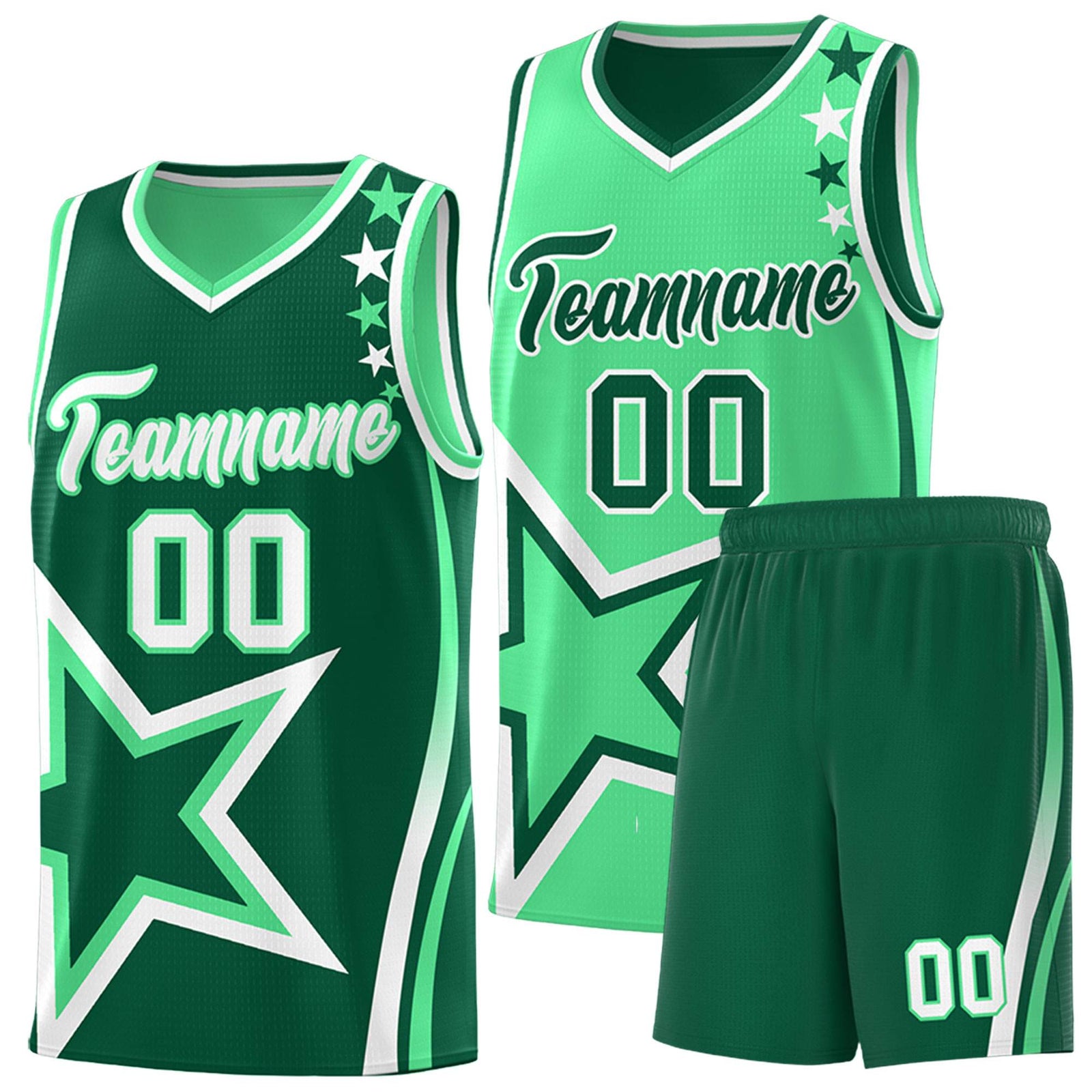 Custom Green Light Green Reversible Color Block Start Pattern Sports Uniform Basketball Jersey Kits